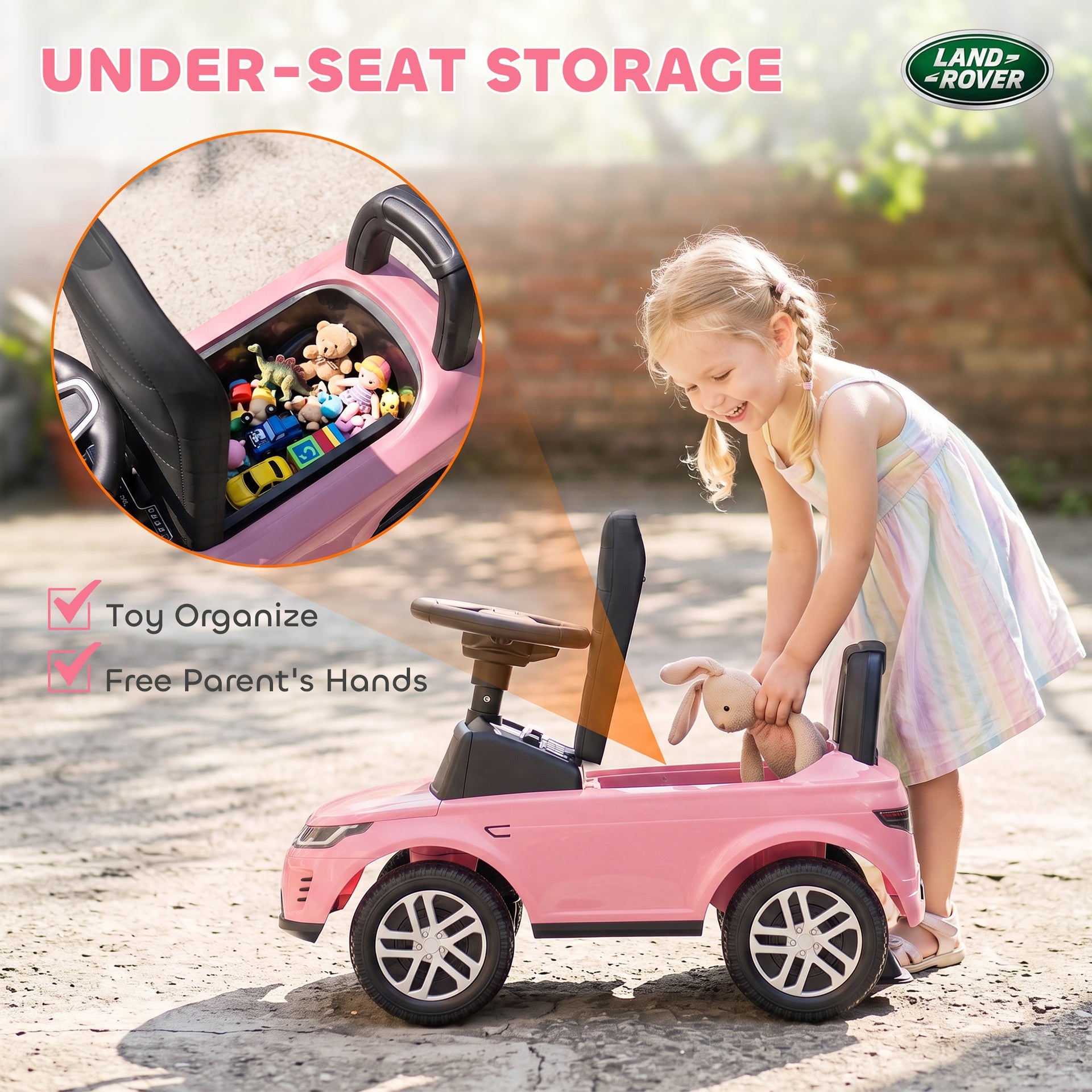 Qaba Land Rover Licensed Ride On Car for Kids, Toddler Baby Push Car with Under Seat Storage, for 18-36 Months, Pink
