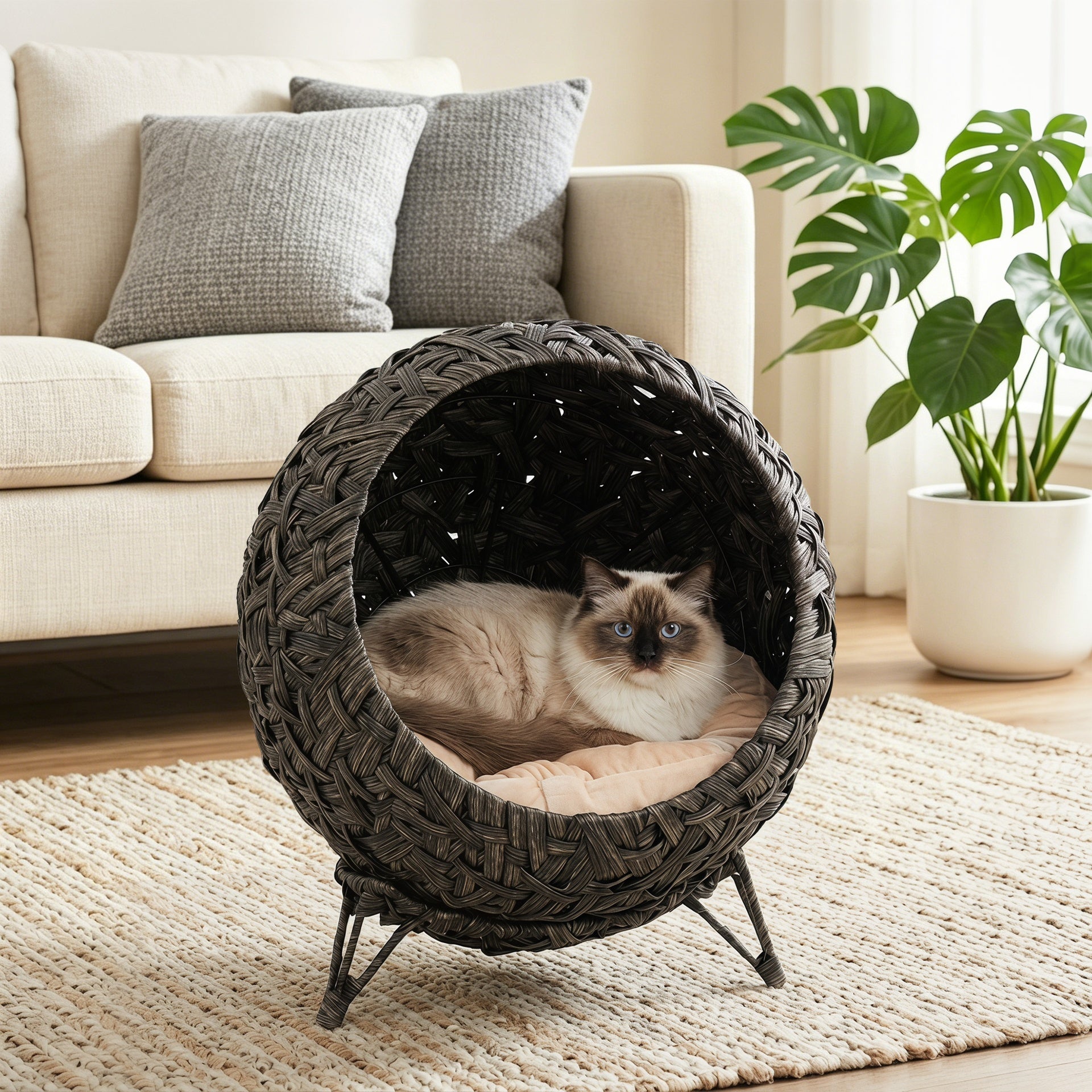 PawHut Rattan Cat Bed, Elevated Handwoven Cat Basket Bed with Soft Cushion and Metal Base