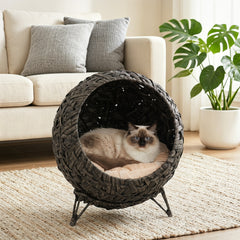 PawHut Rattan Cat Bed, Elevated Handwoven Cat Basket Bed with Soft Cushion and Metal Base