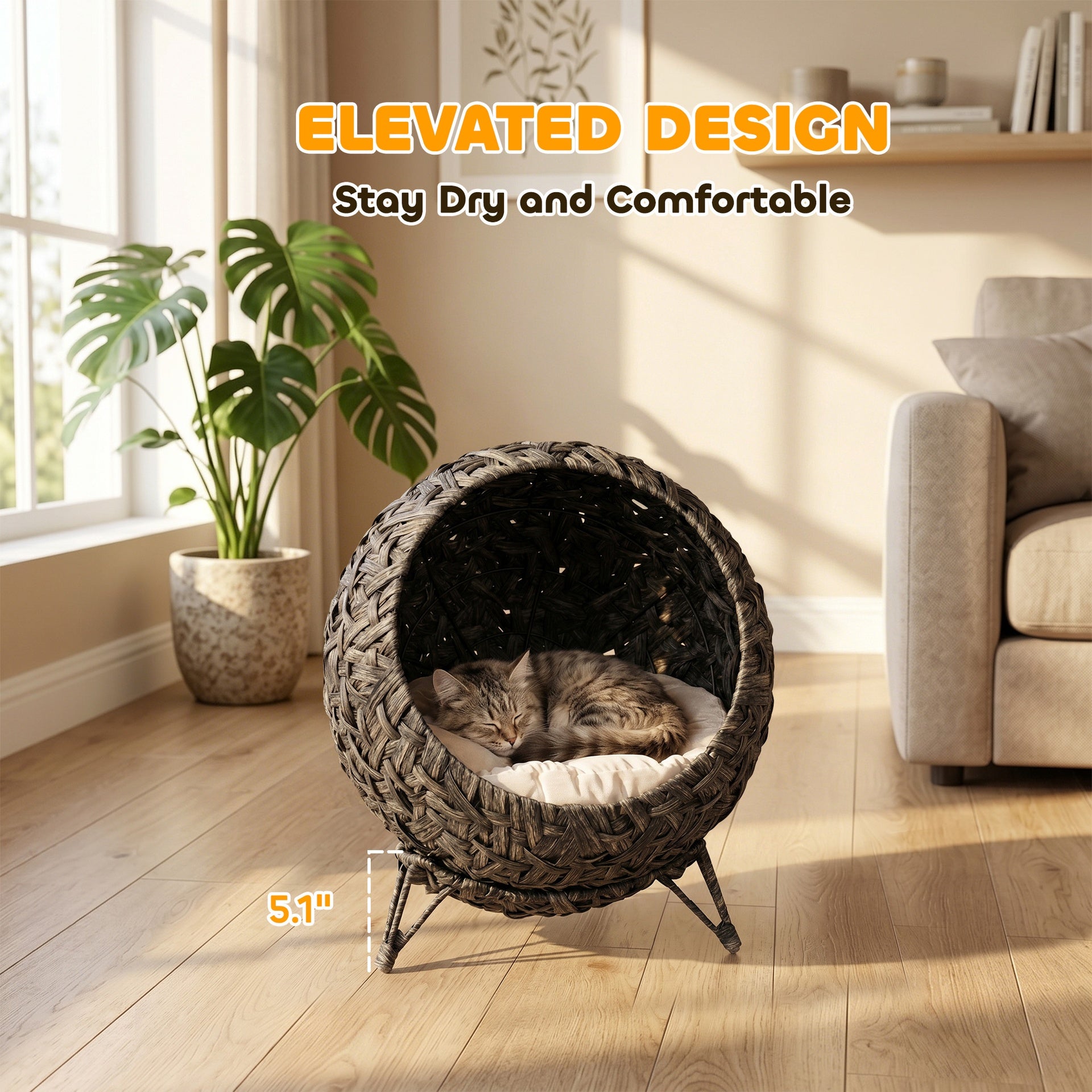 PawHut Rattan Cat Bed, Elevated Handwoven Cat Basket Bed with Soft Cushion and Metal Base