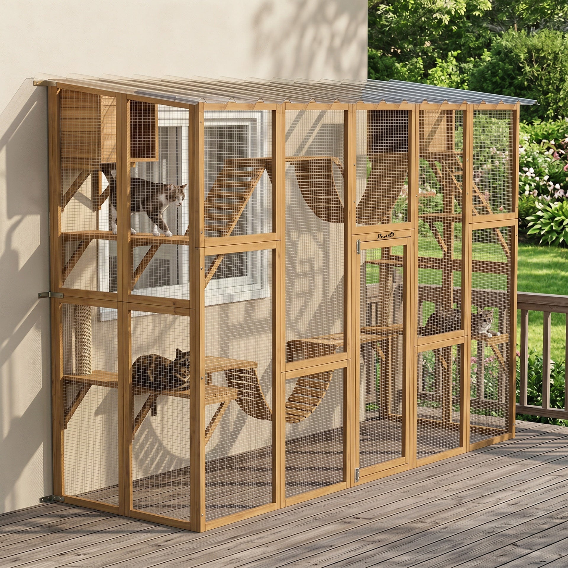 PawHut Catio Playground Cat Window Box Outside Enclosure for Multiple Cats w/ Shelves & Bridges, Yellow