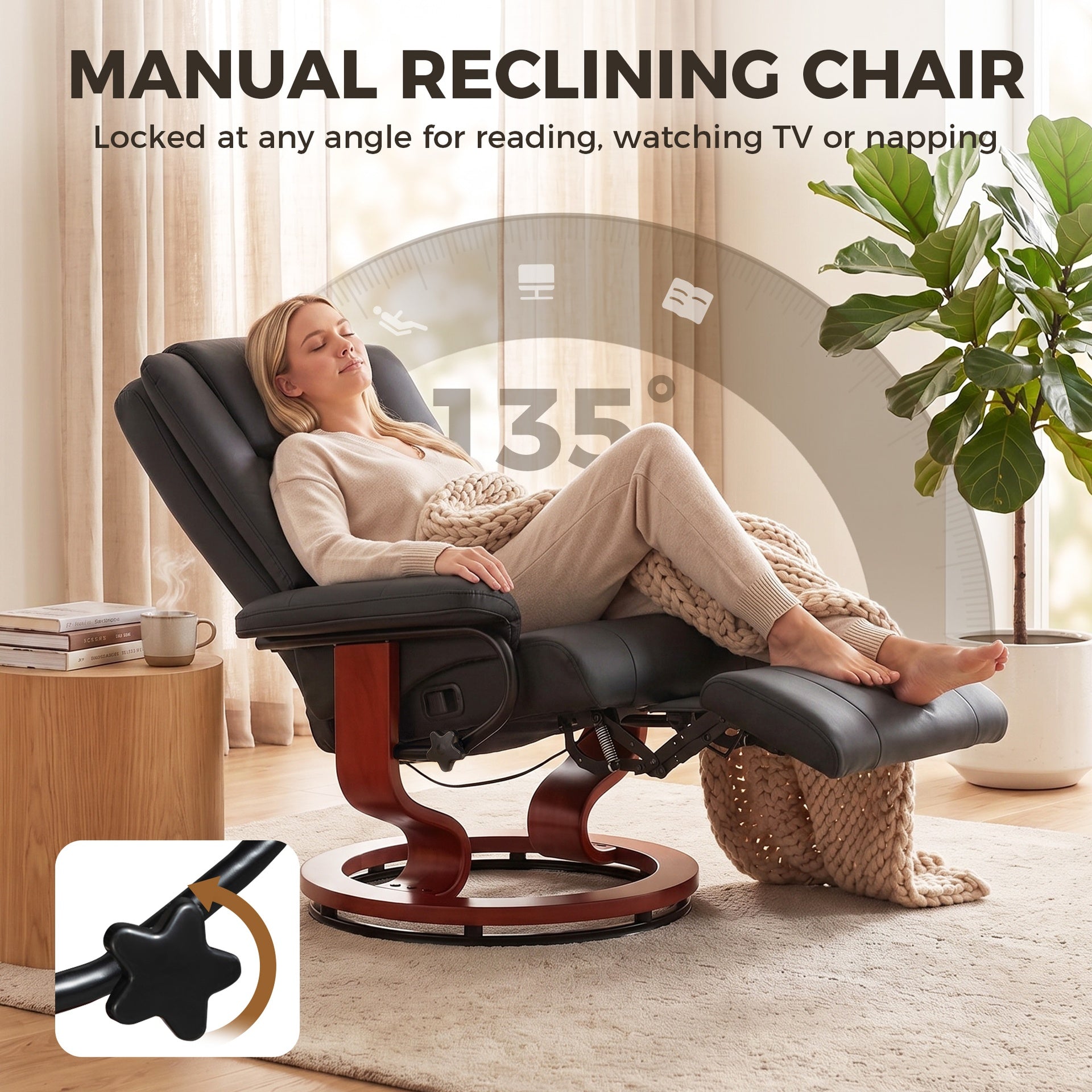 HOMCOM Modern RV Recliner Chair, PU Leather Swivel Recliner Armchair with Footrest for Living Room, Black