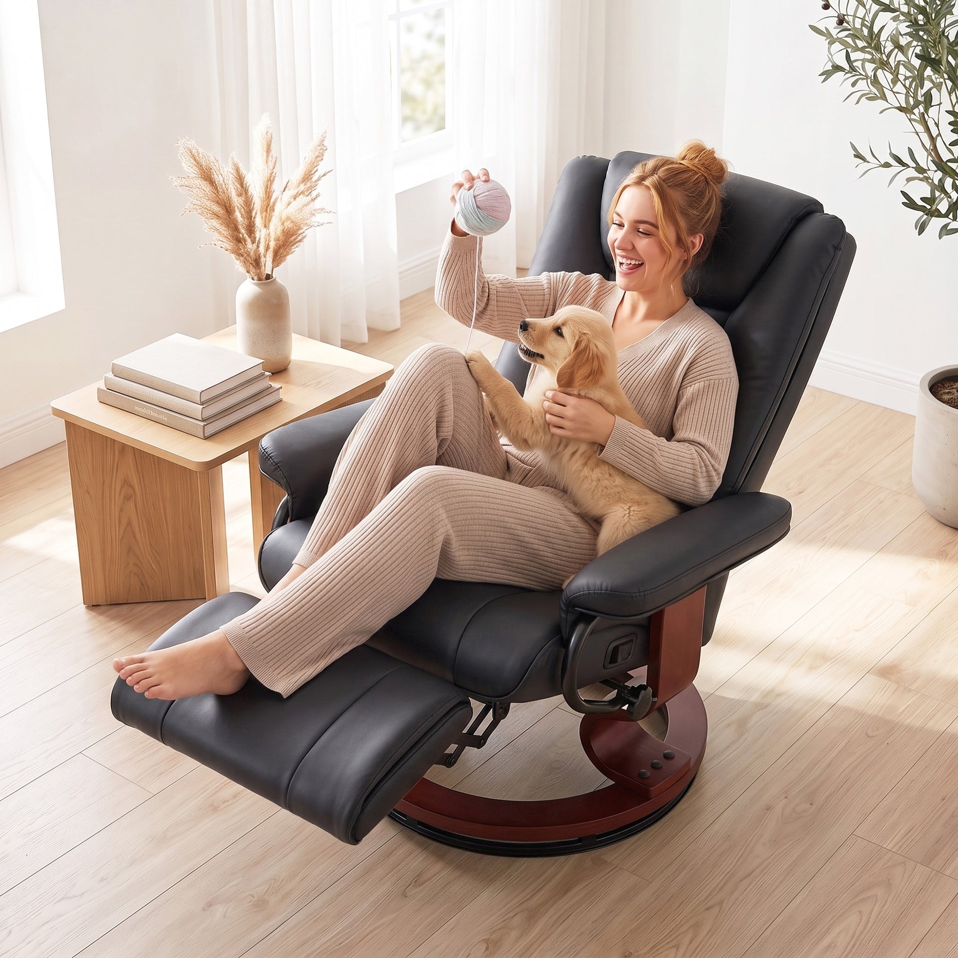 HOMCOM Modern RV Recliner Chair, PU Leather Swivel Recliner Armchair with Footrest for Living Room, Black