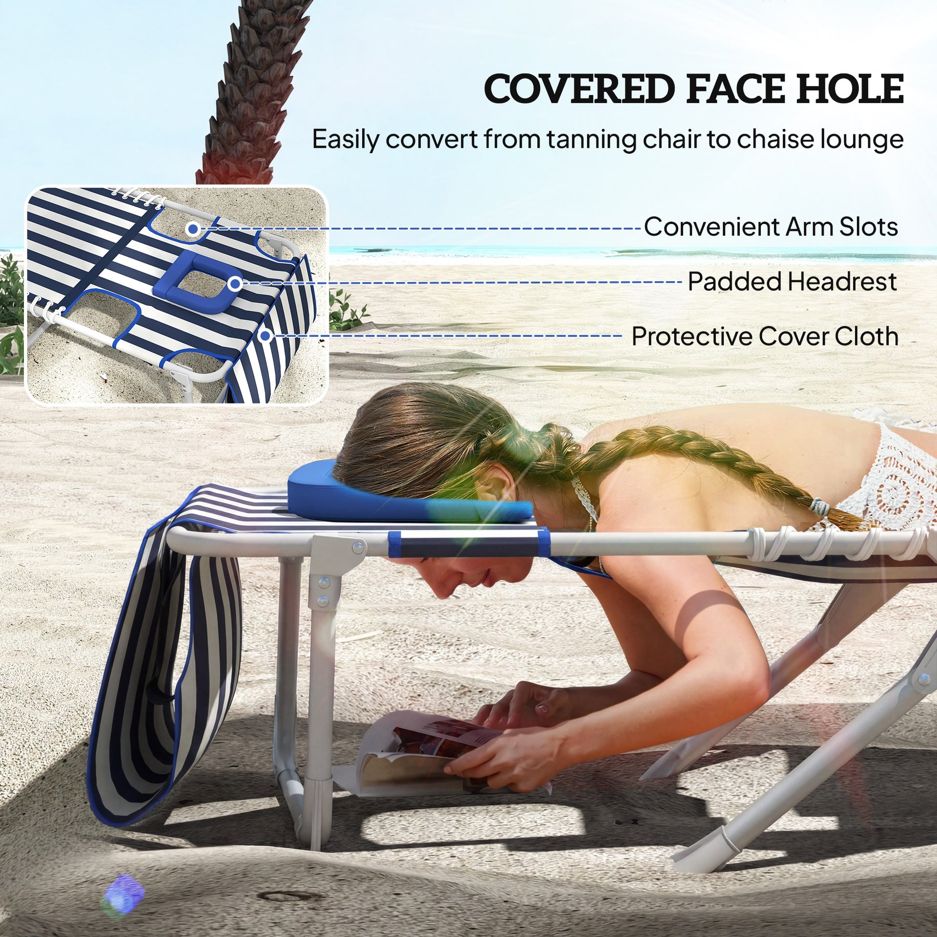 Outsunny Tanning Chair Set of 2 with Face Hole and Side Table, 5-Position Folding Outdoor Chaise Lounge Chair, Blue and White
