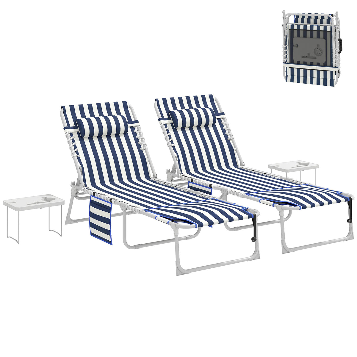 Outsunny Tanning Chair Set of 2 with Face Hole and Side Table, 5-Position Folding Outdoor Chaise Lounge Chair, Blue and White