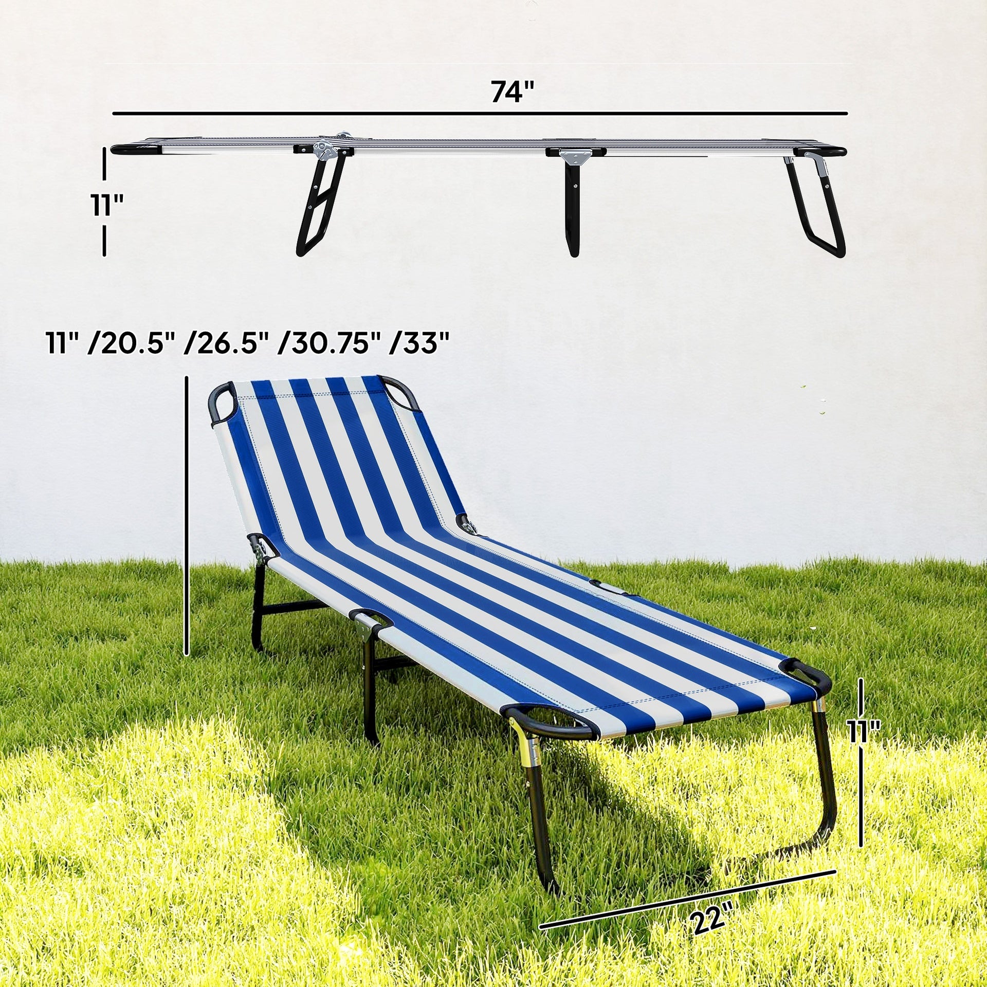 Outsunny Portable Folding Adjustable Sun Beach Lounger / Camping Cot - Blue and White