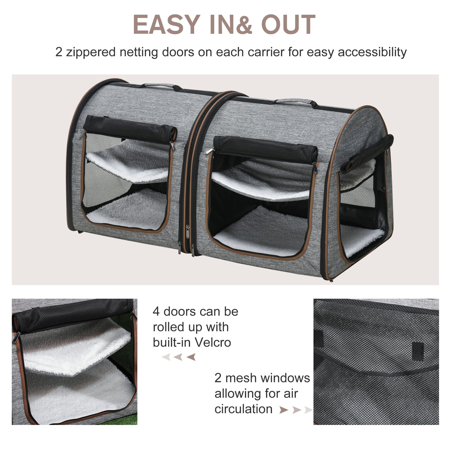 PawHut 39" Portable Soft-Sided Pet Cat Carrier with Divider, Two Compartments, Soft Cushions, & Storage Bag, Gray