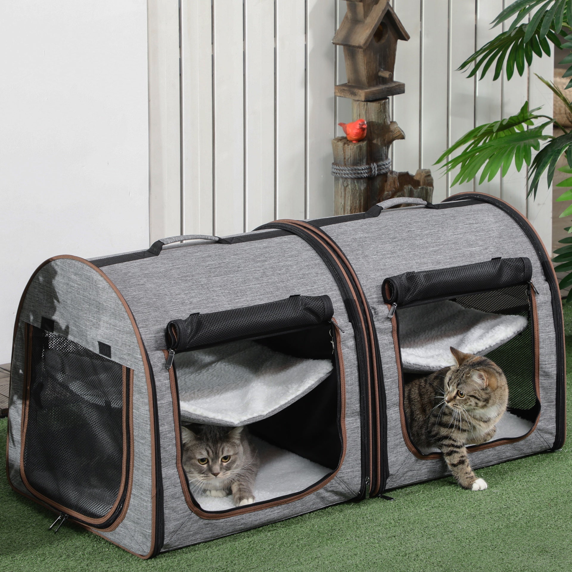 PawHut 39" Portable Soft-Sided Pet Cat Carrier with Divider, Two Compartments, Soft Cushions, & Storage Bag, Gray