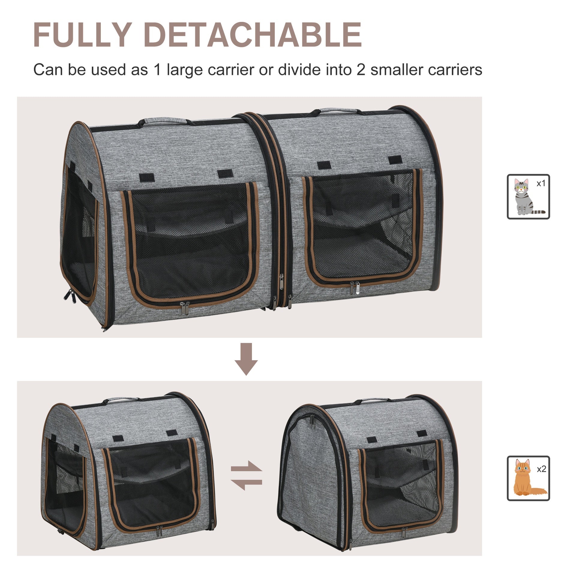 PawHut 39" Portable Soft-Sided Pet Cat Carrier with Divider, Two Compartments, Soft Cushions, & Storage Bag, Gray