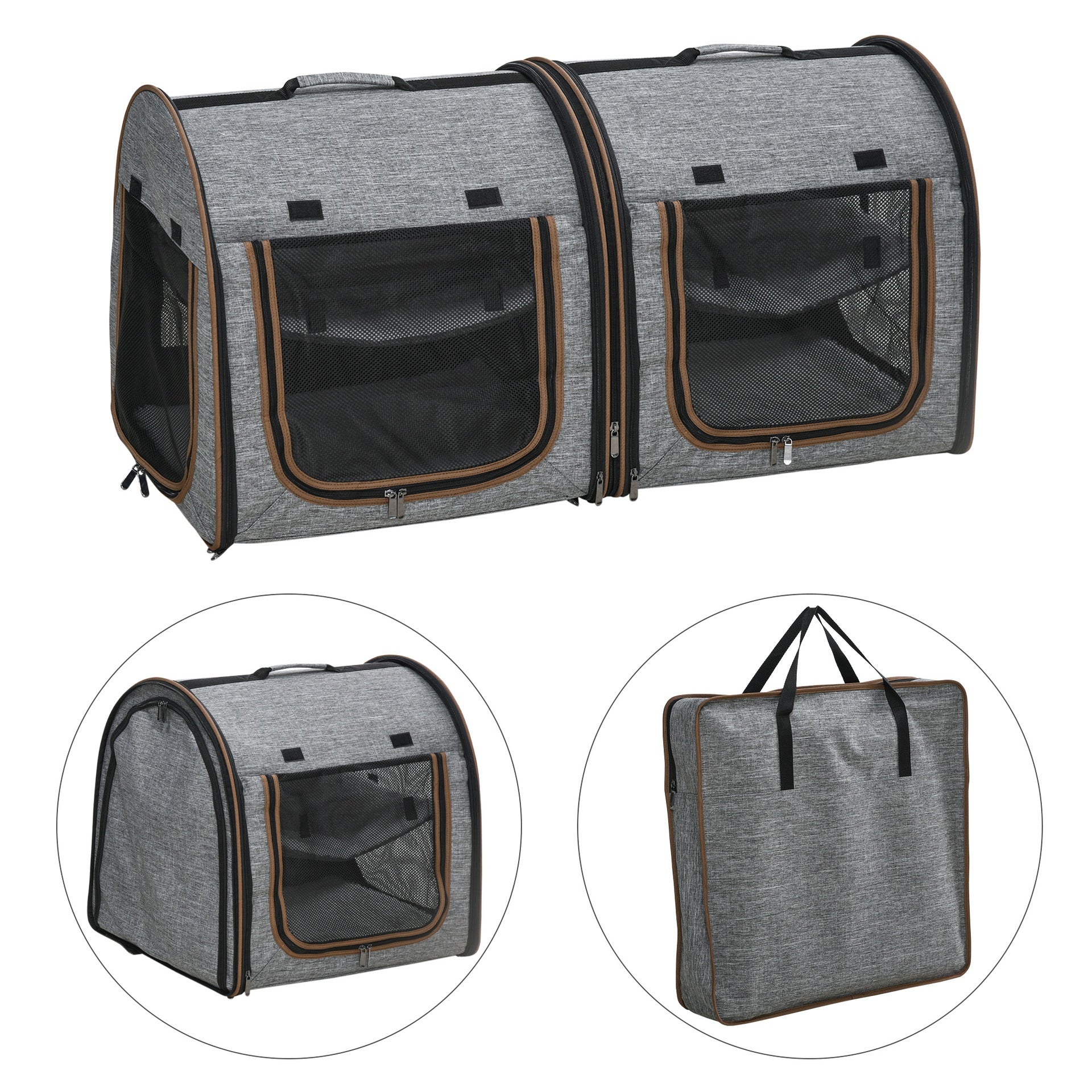 PawHut 39" Portable Soft-Sided Pet Cat Carrier with Divider, Two Compartments, Soft Cushions, & Storage Bag, Gray