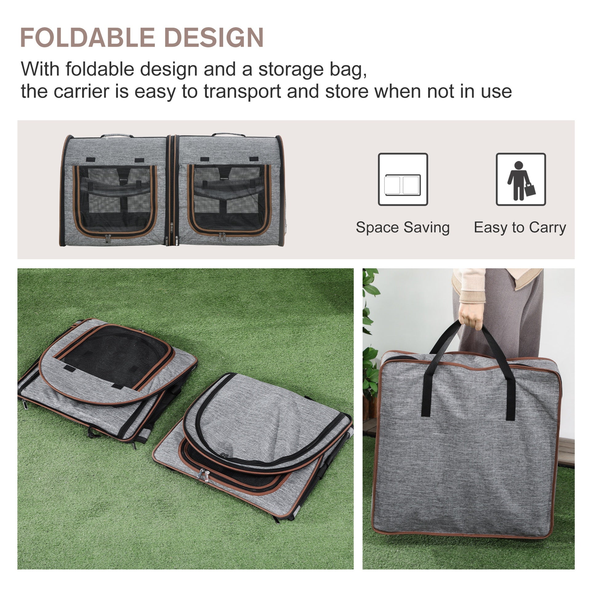 PawHut 39" Portable Soft-Sided Pet Cat Carrier with Divider, Two Compartments, Soft Cushions, & Storage Bag, Gray