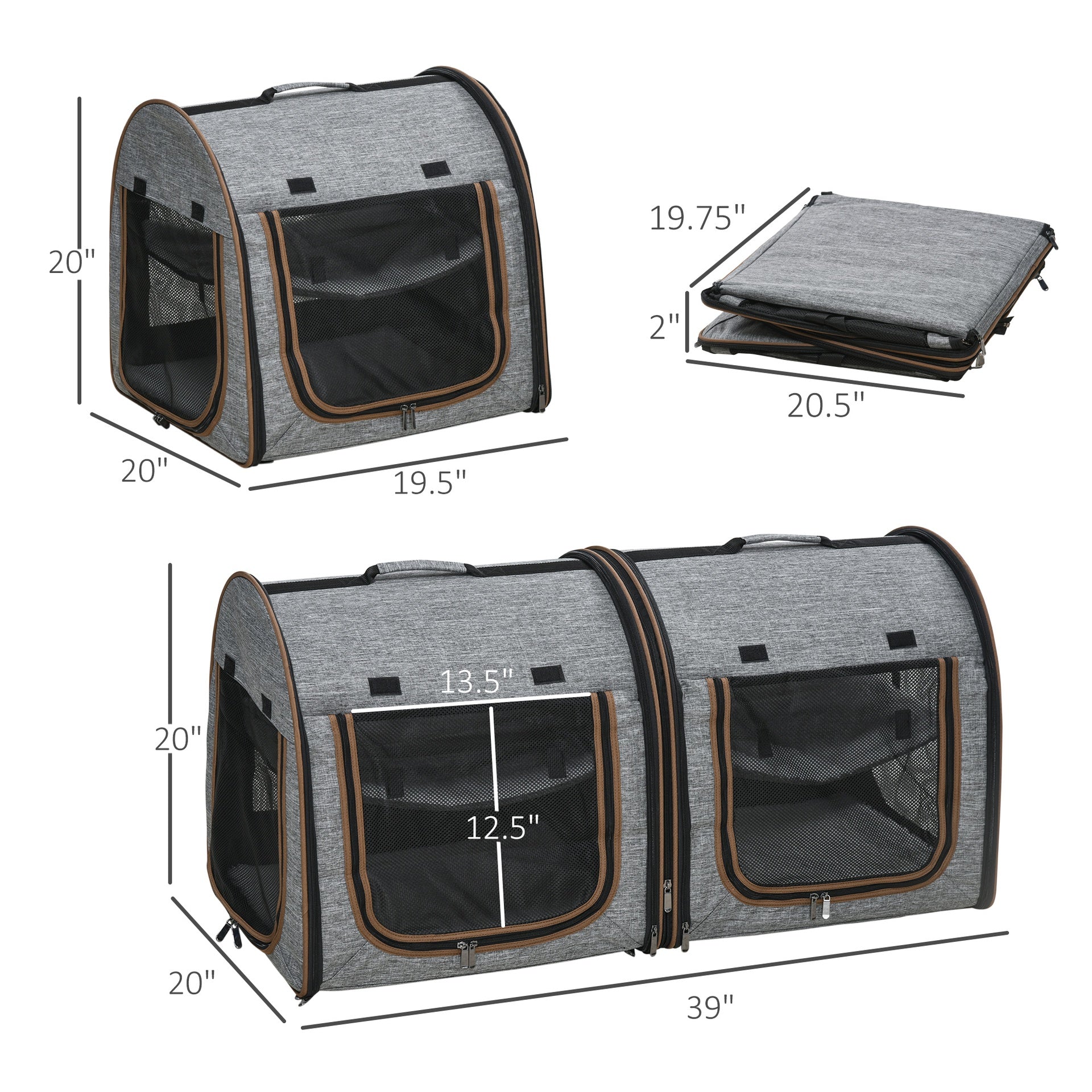 PawHut 39" Portable Soft-Sided Pet Cat Carrier with Divider, Two Compartments, Soft Cushions, & Storage Bag, Gray