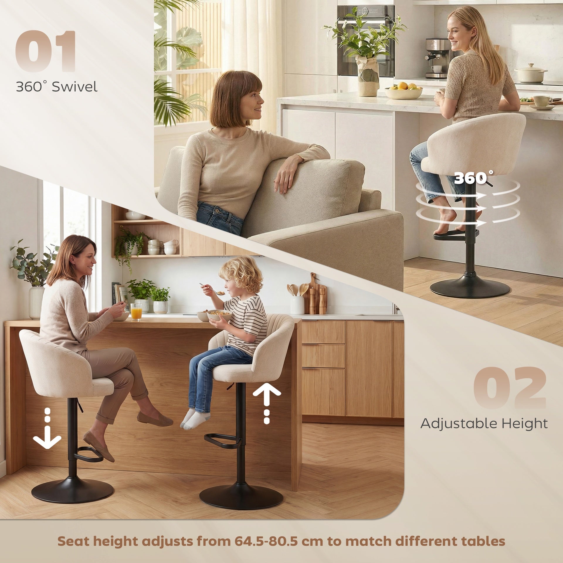 HOMCOM Modern Upholstered Adjustable Barstools with Swivel Seat, Linen Touch Fabric, Steel Frame, Footrest, ‎Beige