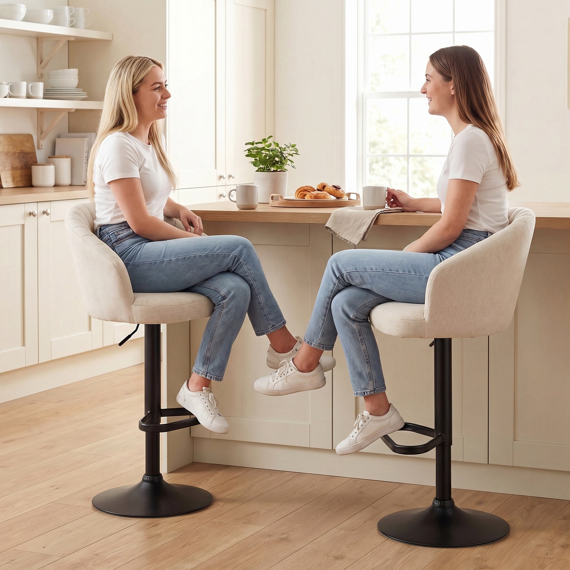 HOMCOM Modern Upholstered Adjustable Barstools with Swivel Seat, Linen Touch Fabric, Steel Frame, Footrest, ‎Beige