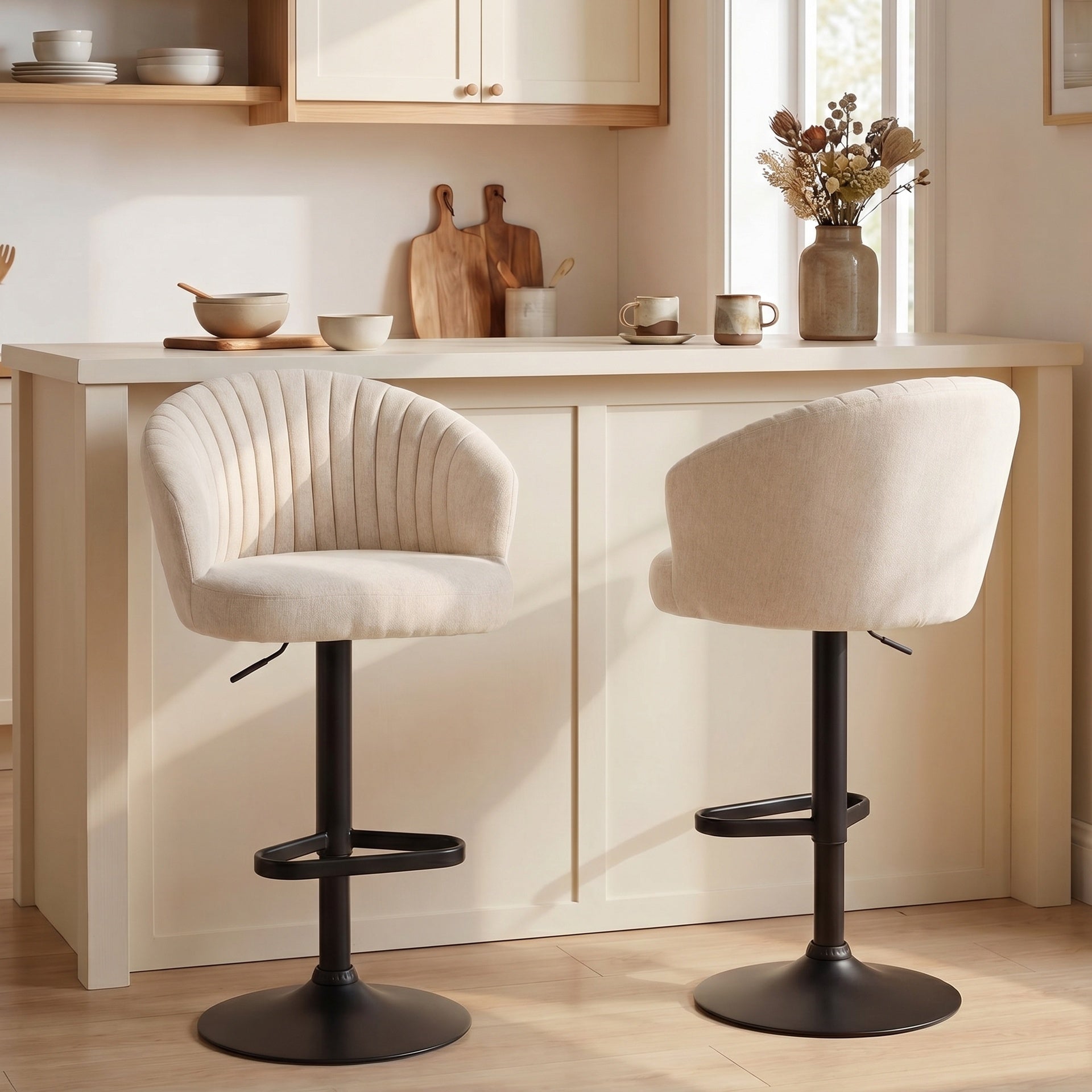HOMCOM Modern Upholstered Adjustable Barstools with Swivel Seat, Linen Touch Fabric, Steel Frame, Footrest, ‎Beige