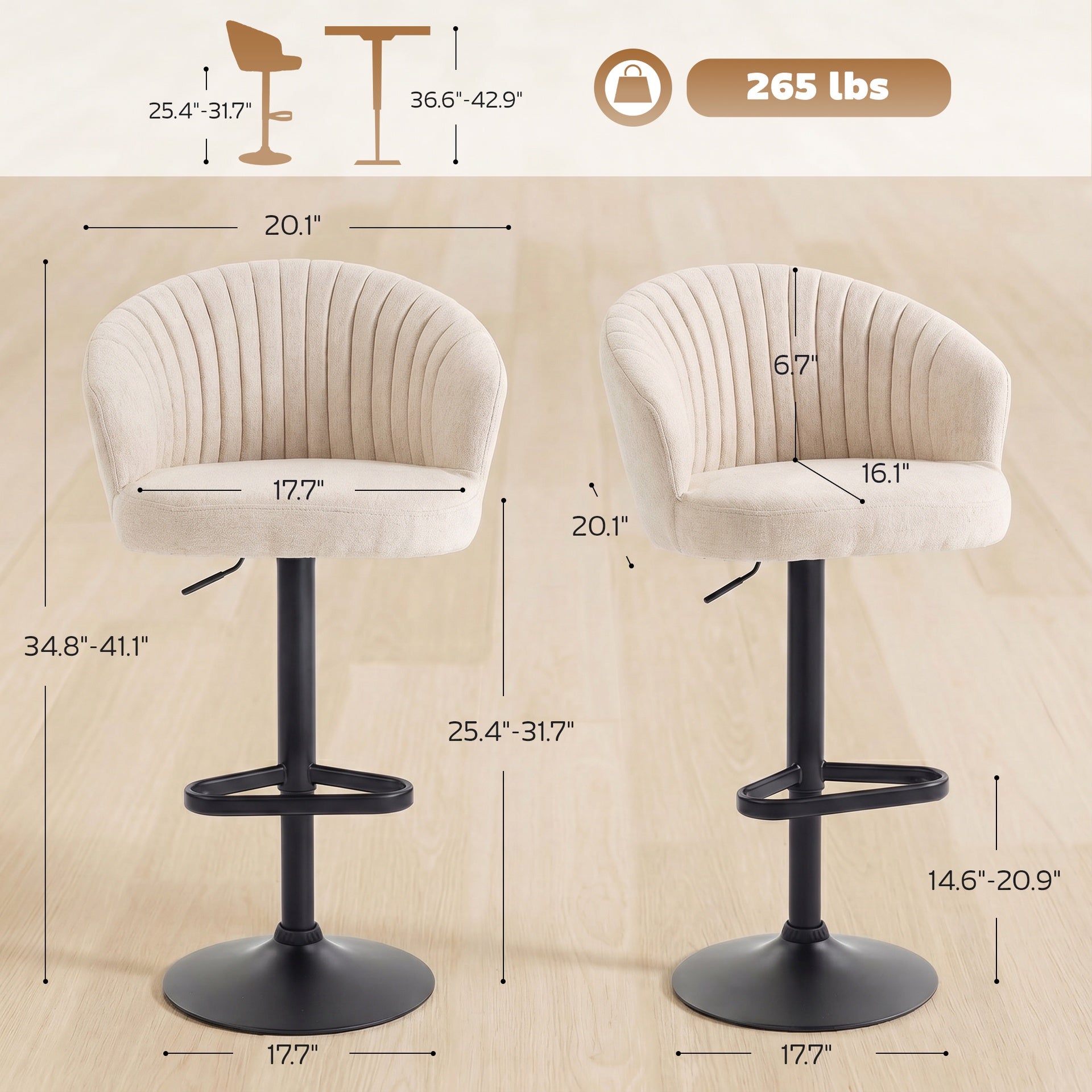HOMCOM Modern Upholstered Adjustable Barstools with Swivel Seat, Linen Touch Fabric, Steel Frame, Footrest, ‎Beige