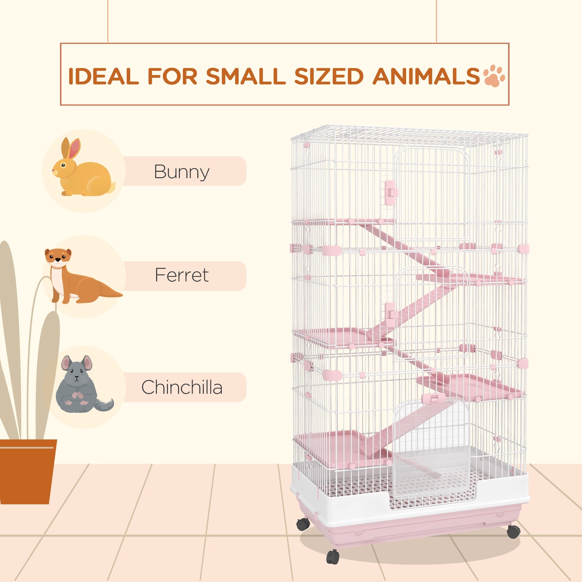 PawHut 32"L 6-Level Small Animal Cage Rabbit Hutch with Universal Lockable Wheels, Slide-out Tray for Bunny, Chinchillas, Ferret, Pink