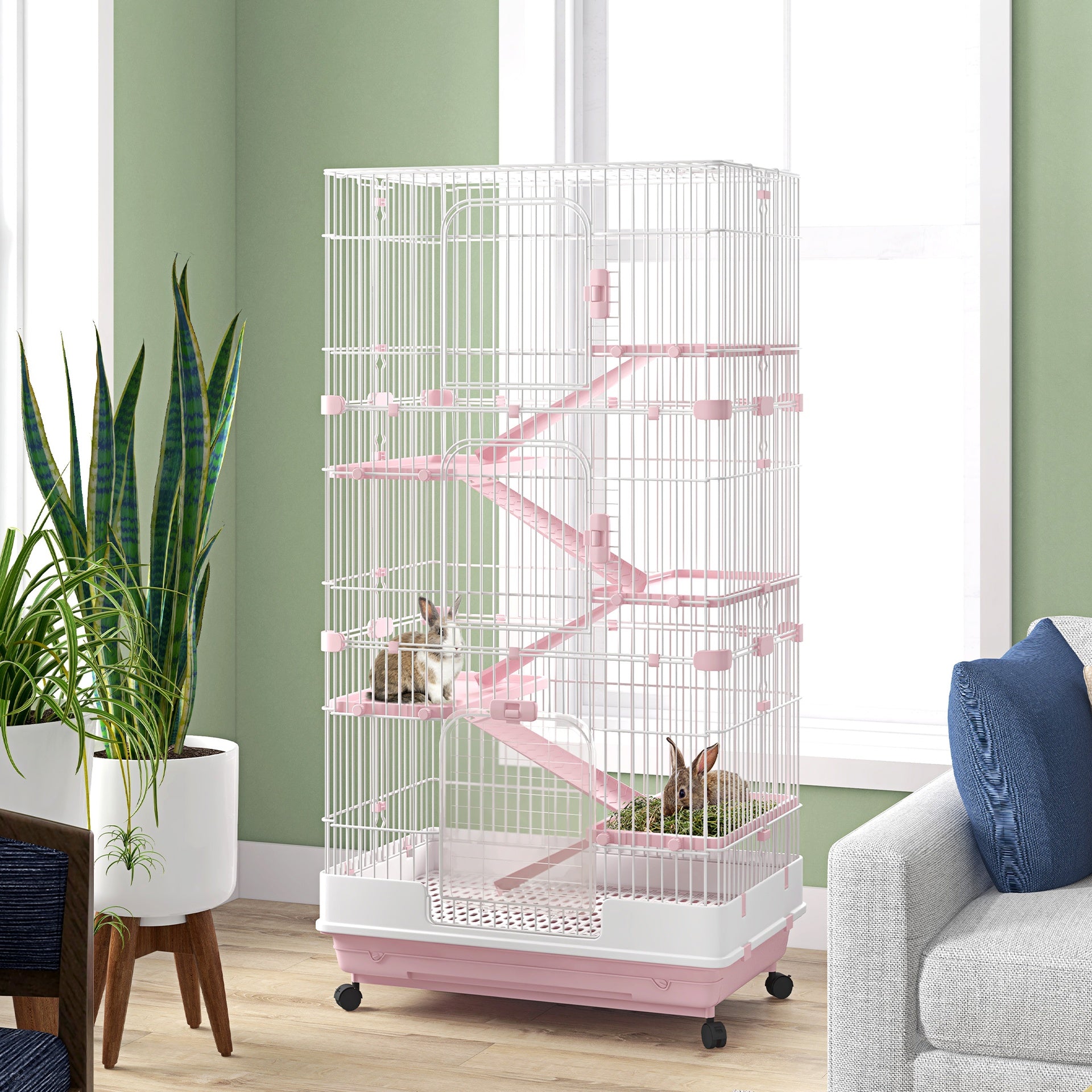 PawHut 32"L 6-Level Small Animal Cage Rabbit Hutch with Universal Lockable Wheels, Slide-out Tray for Bunny, Chinchillas, Ferret, Pink