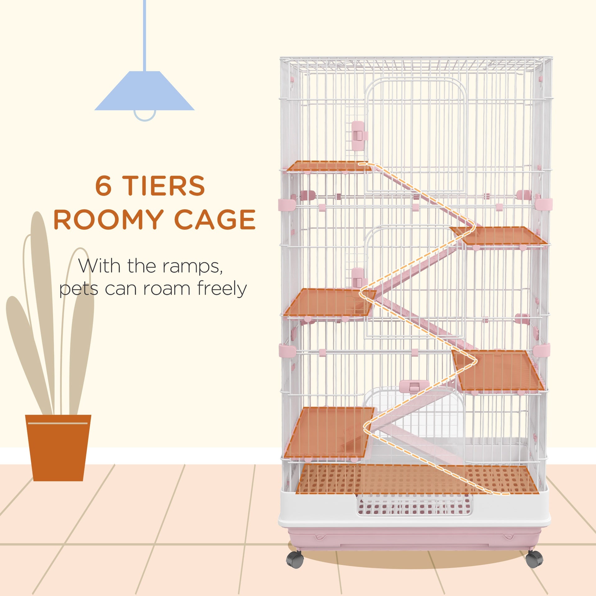 PawHut 32"L 6-Level Small Animal Cage Rabbit Hutch with Universal Lockable Wheels, Slide-out Tray for Bunny, Chinchillas, Ferret, Pink