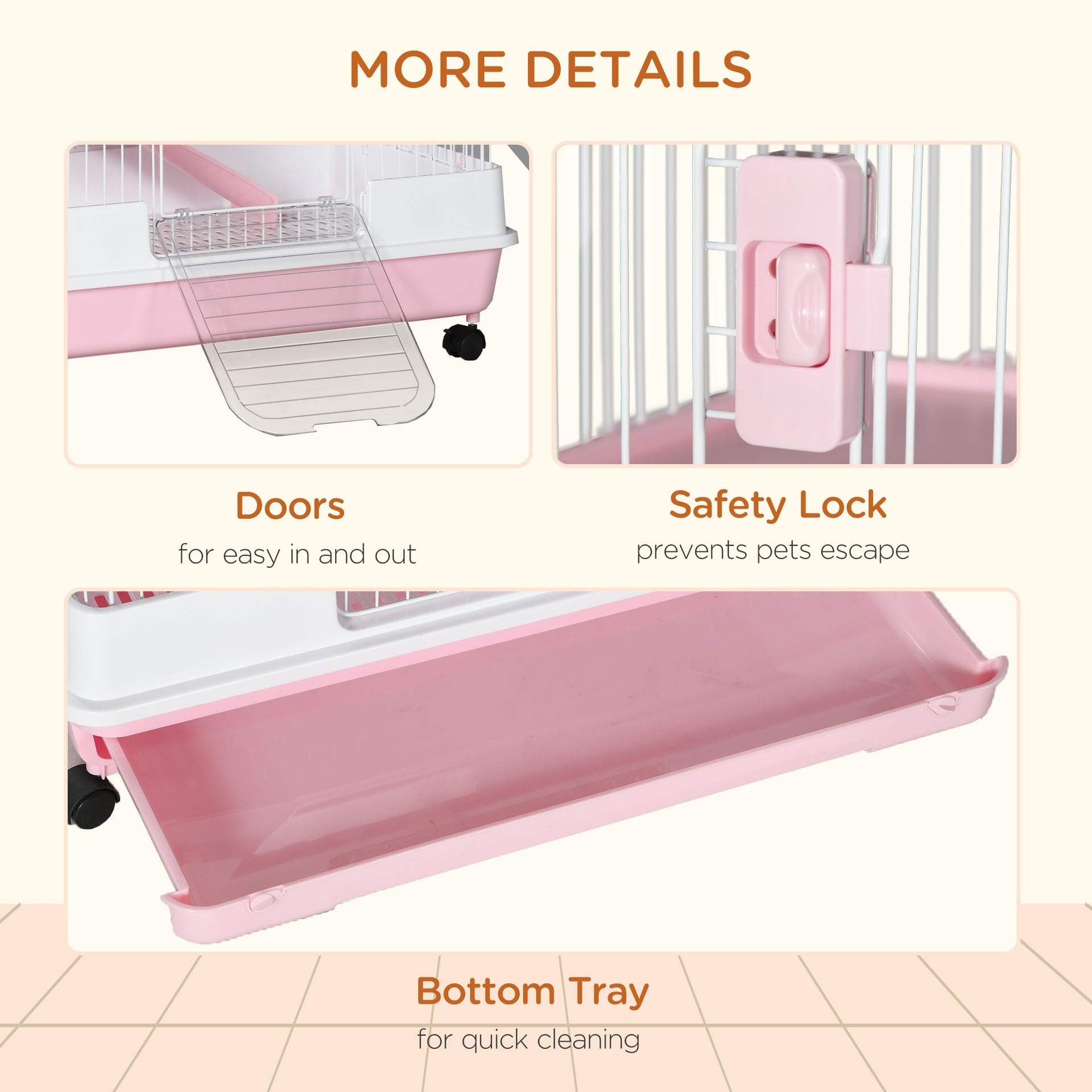 PawHut 32"L 6-Level Small Animal Cage Rabbit Hutch with Universal Lockable Wheels, Slide-out Tray for Bunny, Chinchillas, Ferret, Pink
