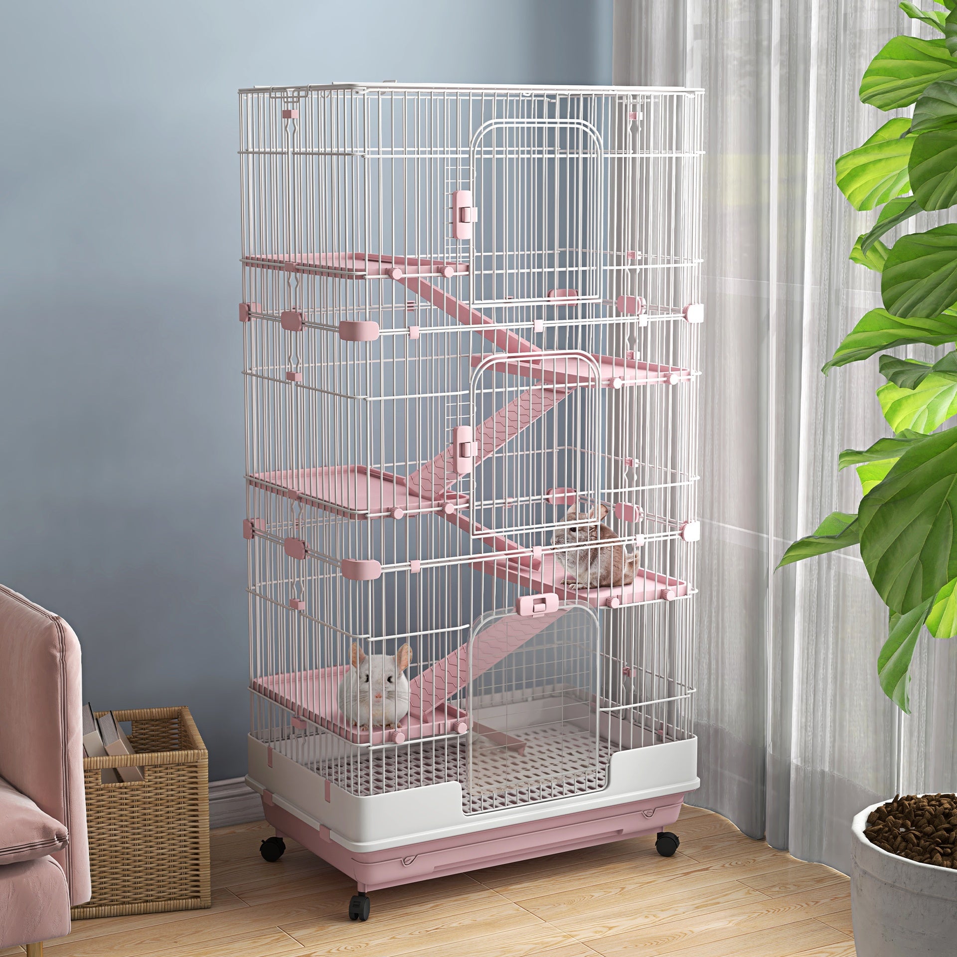 PawHut 32"L 6-Level Small Animal Cage Rabbit Hutch with Universal Lockable Wheels, Slide-out Tray for Bunny, Chinchillas, Ferret, Pink