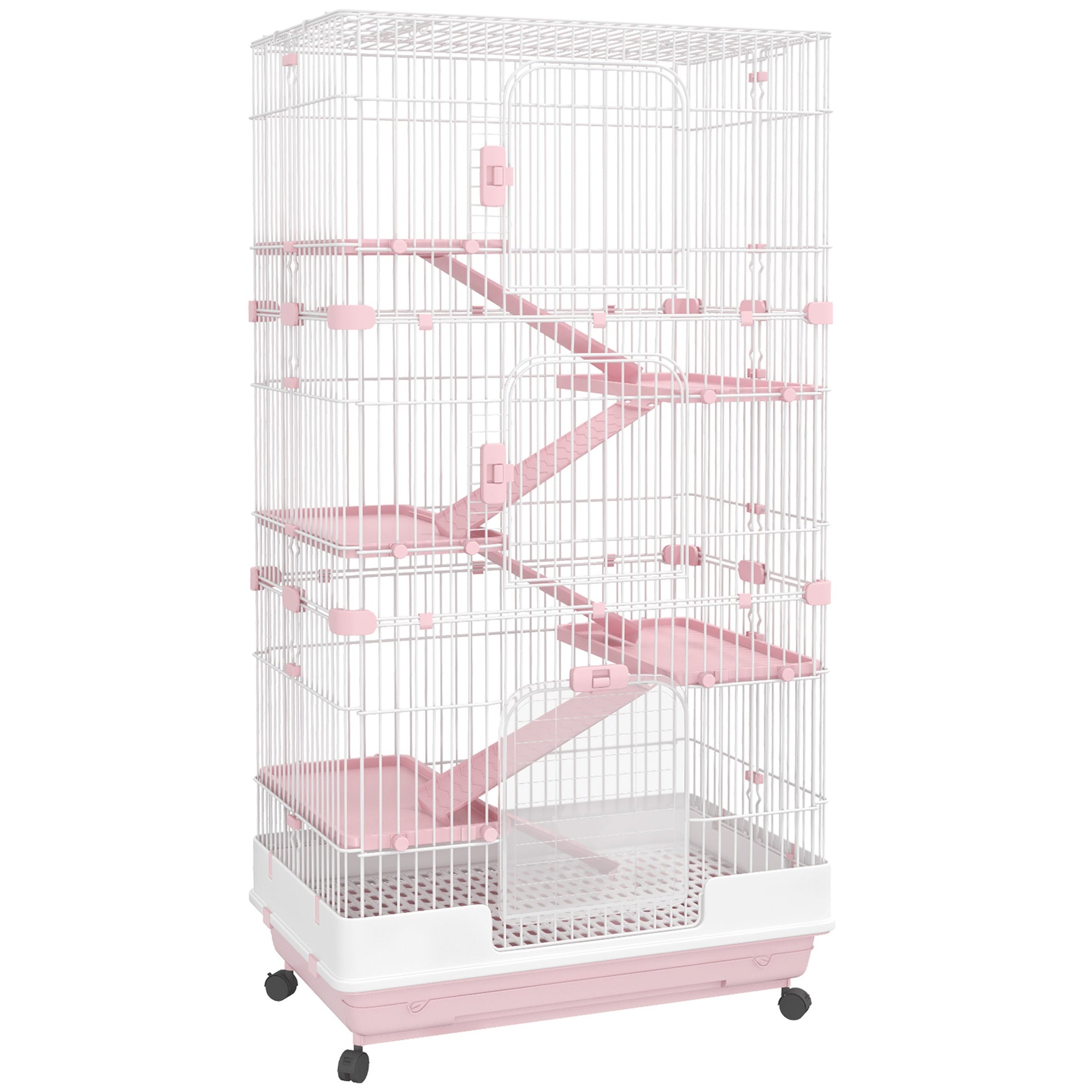 PawHut 32"L 6-Level Small Animal Cage Rabbit Hutch with Universal Lockable Wheels, Slide-out Tray for Bunny, Chinchillas, Ferret, Pink
