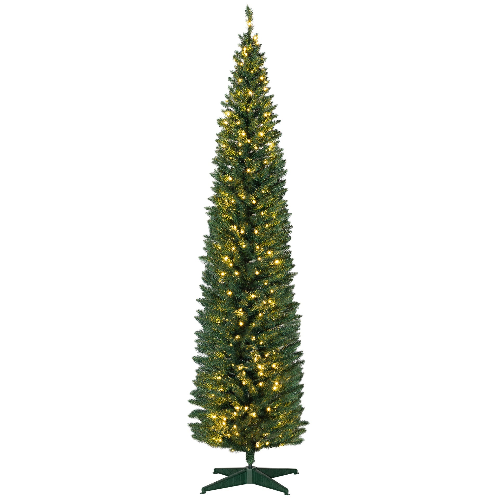 HOMCOM 8ft Pencil Christmas Tree, Slim Artificial Christmas Tree with Realistic Branches and Warm White LED Lights, Green