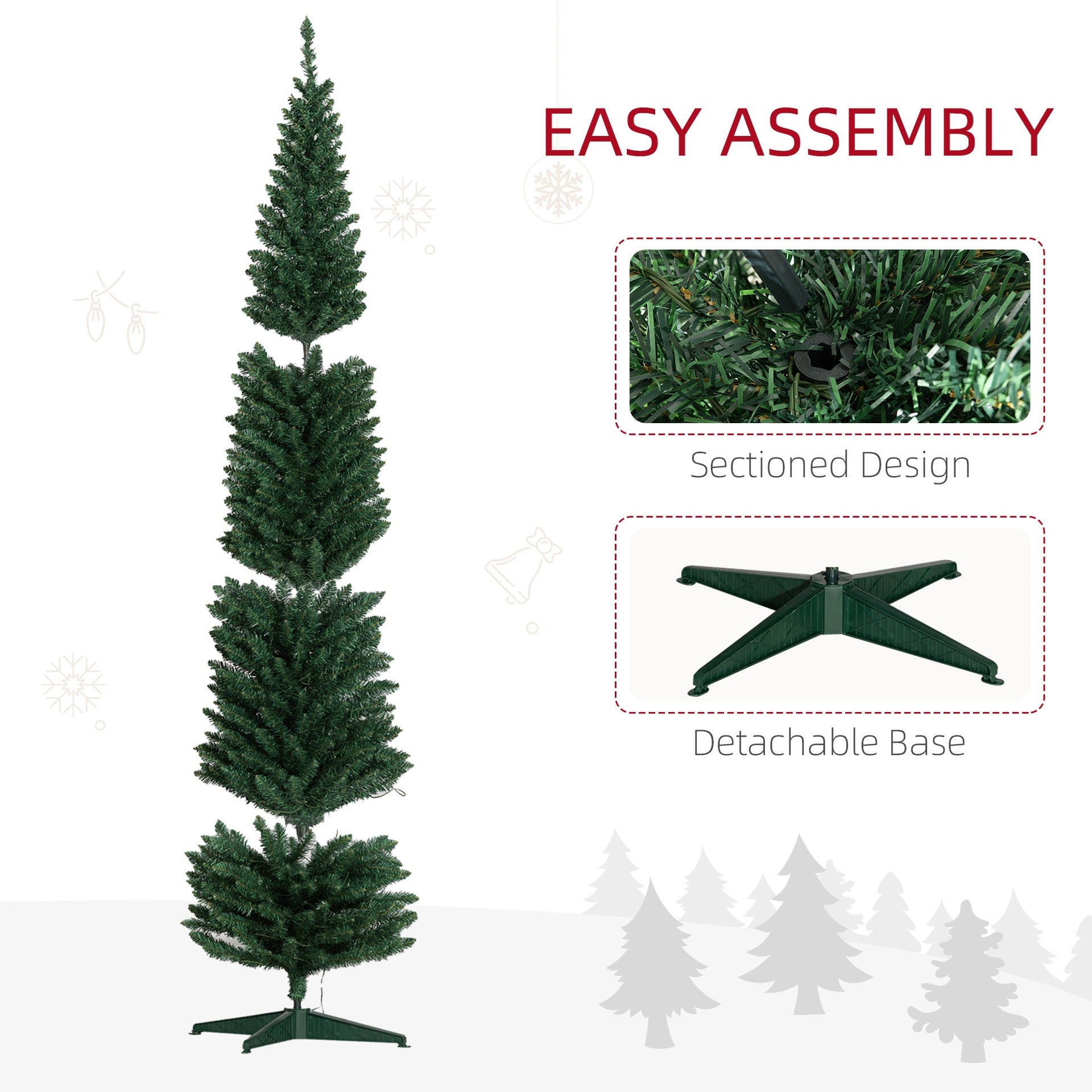 HOMCOM 8ft Pencil Christmas Tree, Slim Artificial Christmas Tree with Realistic Branches and Warm White LED Lights, Green
