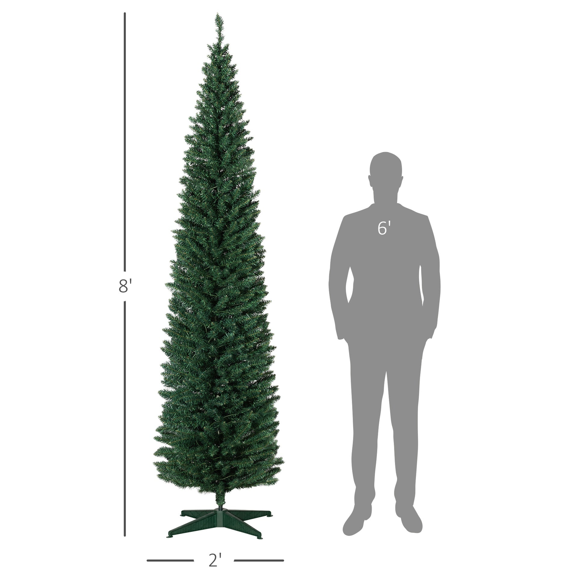 HOMCOM 8ft Pencil Christmas Tree, Slim Artificial Christmas Tree with Realistic Branches and Warm White LED Lights, Green