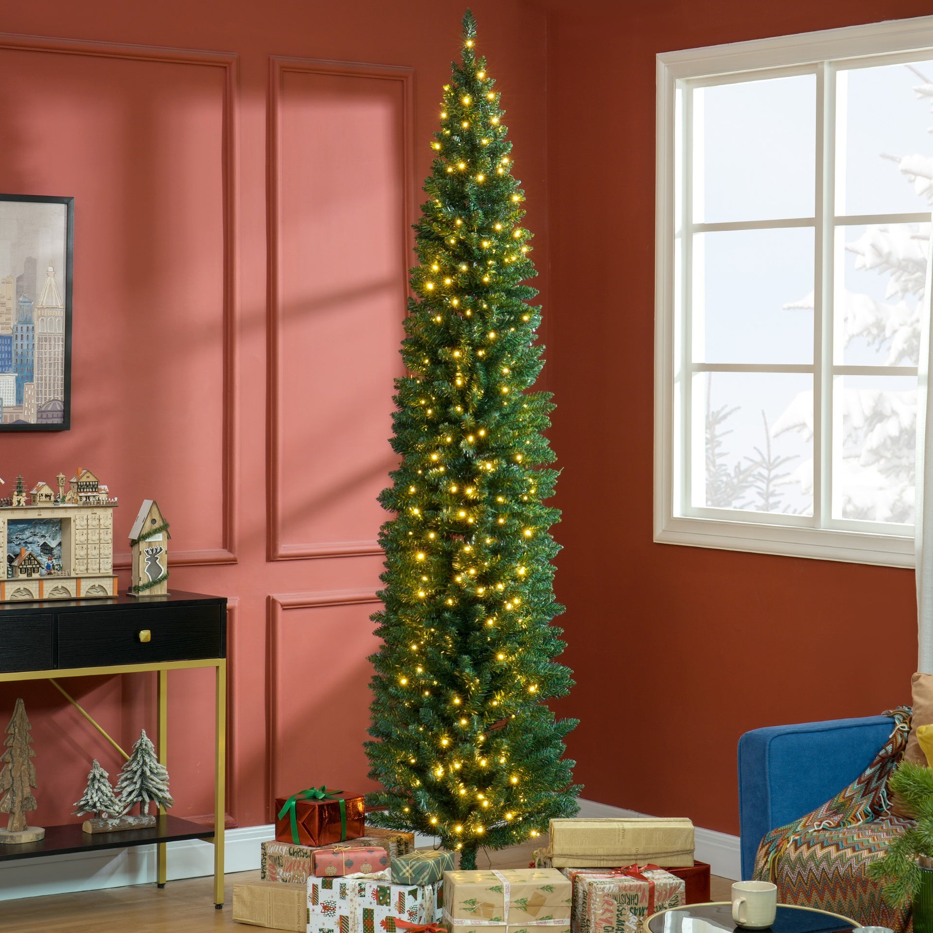 HOMCOM 8ft Pencil Christmas Tree, Slim Artificial Christmas Tree with Realistic Branches and Warm White LED Lights, Green