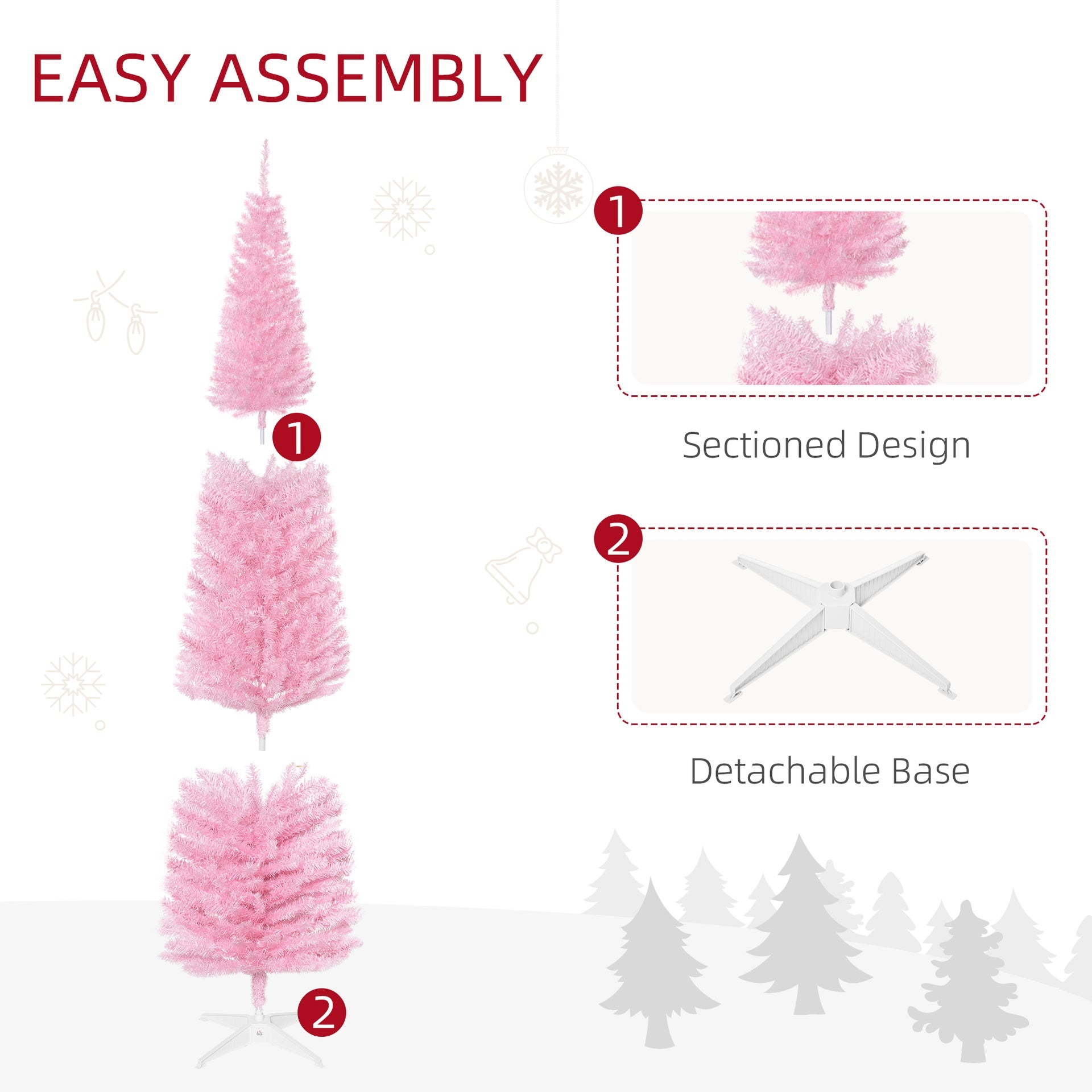 HOMCOM 7ft Unlit Pencil Artificial Christmas Tree with Realistic Branches and 499 Tips, Plastic Base, Pink