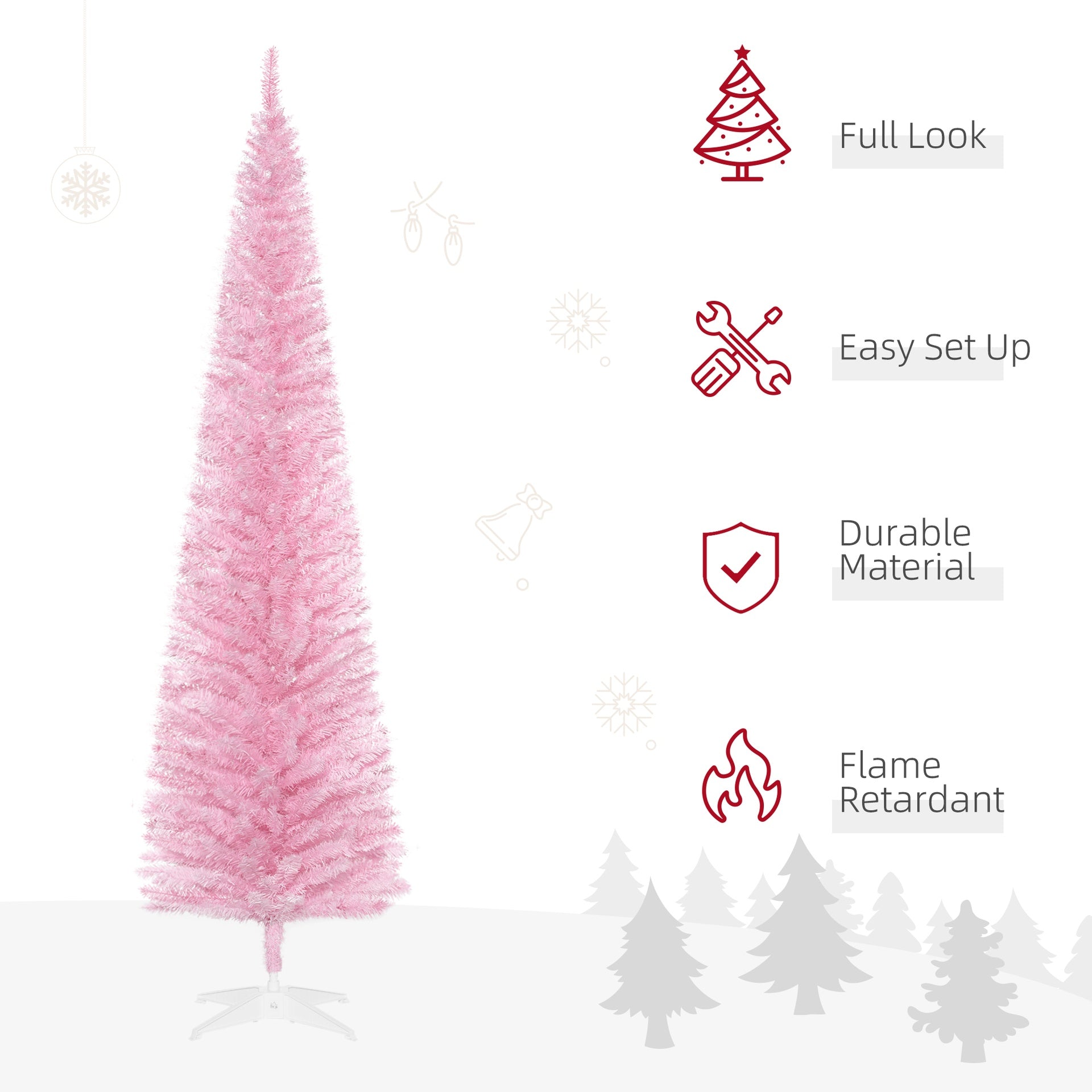 HOMCOM 7ft Unlit Pencil Artificial Christmas Tree with Realistic Branches and 499 Tips, Plastic Base, Pink