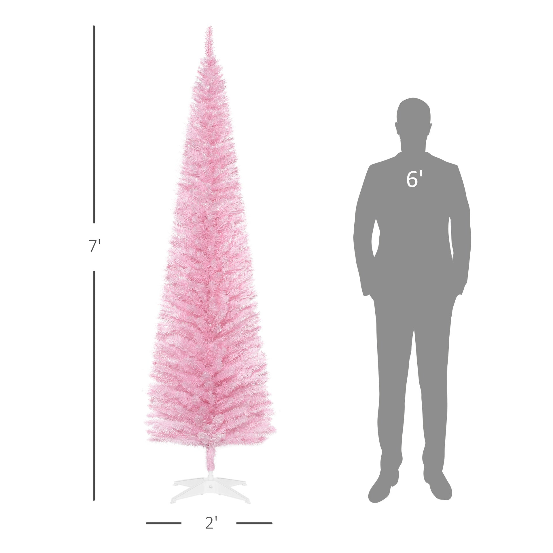 HOMCOM 7ft Unlit Pencil Artificial Christmas Tree with Realistic Branches and 499 Tips, Plastic Base, Pink