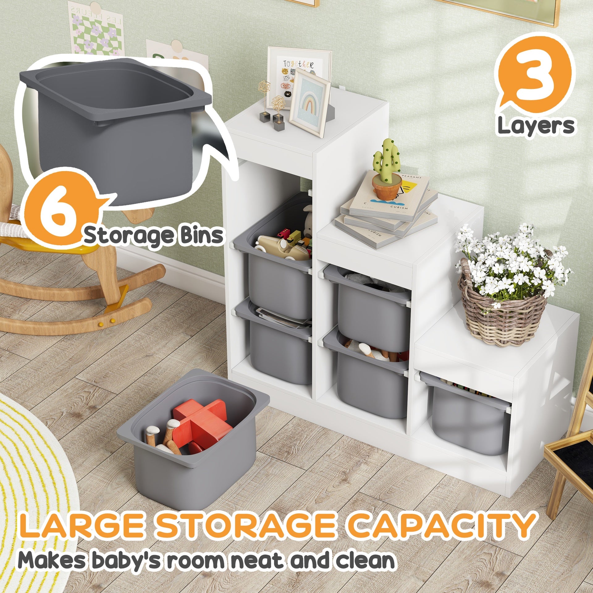 Qaba 3 Layers Kids Toy Storage Organizer with 6 Storage Bins, Kids Bookshelf for Ages 3-8 Years, Play Room, Bedroom, Gray