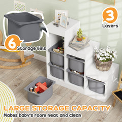 Qaba 3 Layers Kids Toy Storage Organizer with 6 Storage Bins, Kids Bookshelf for Ages 3-8 Years, Play Room, Bedroom, Gray