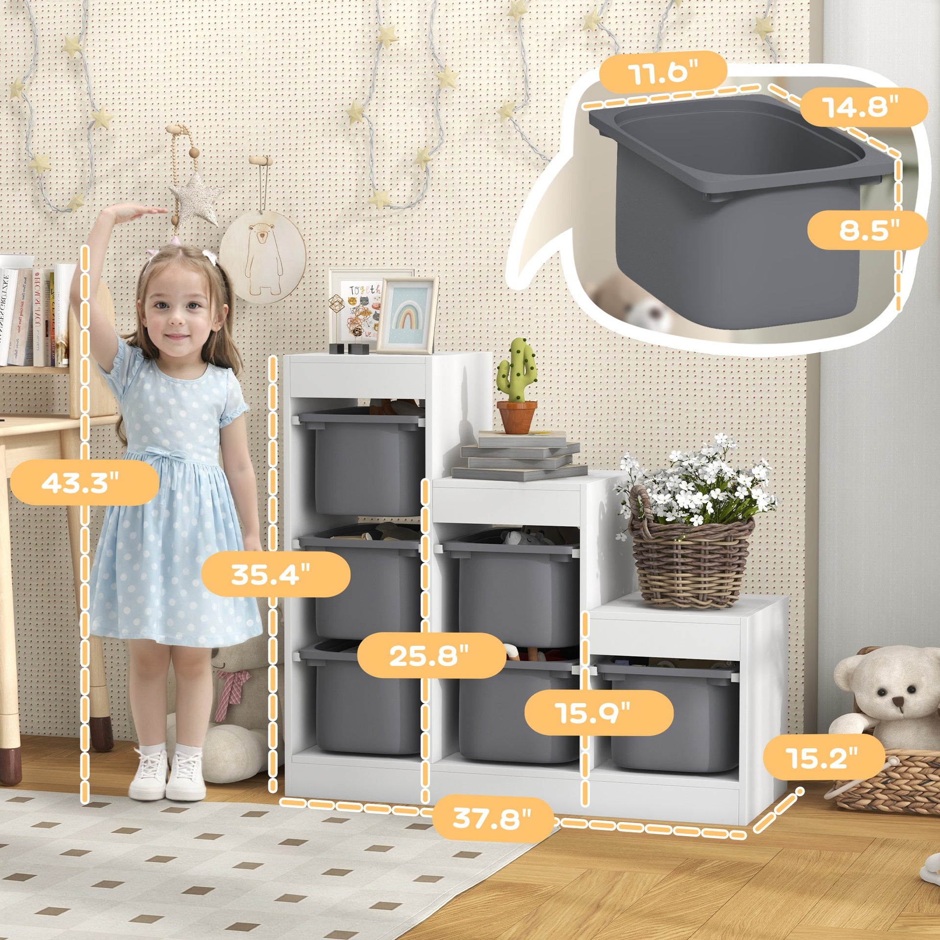 Qaba 3 Layers Kids Toy Storage Organizer with 6 Storage Bins, Kids Bookshelf for Ages 3-8 Years, Play Room, Bedroom, Gray