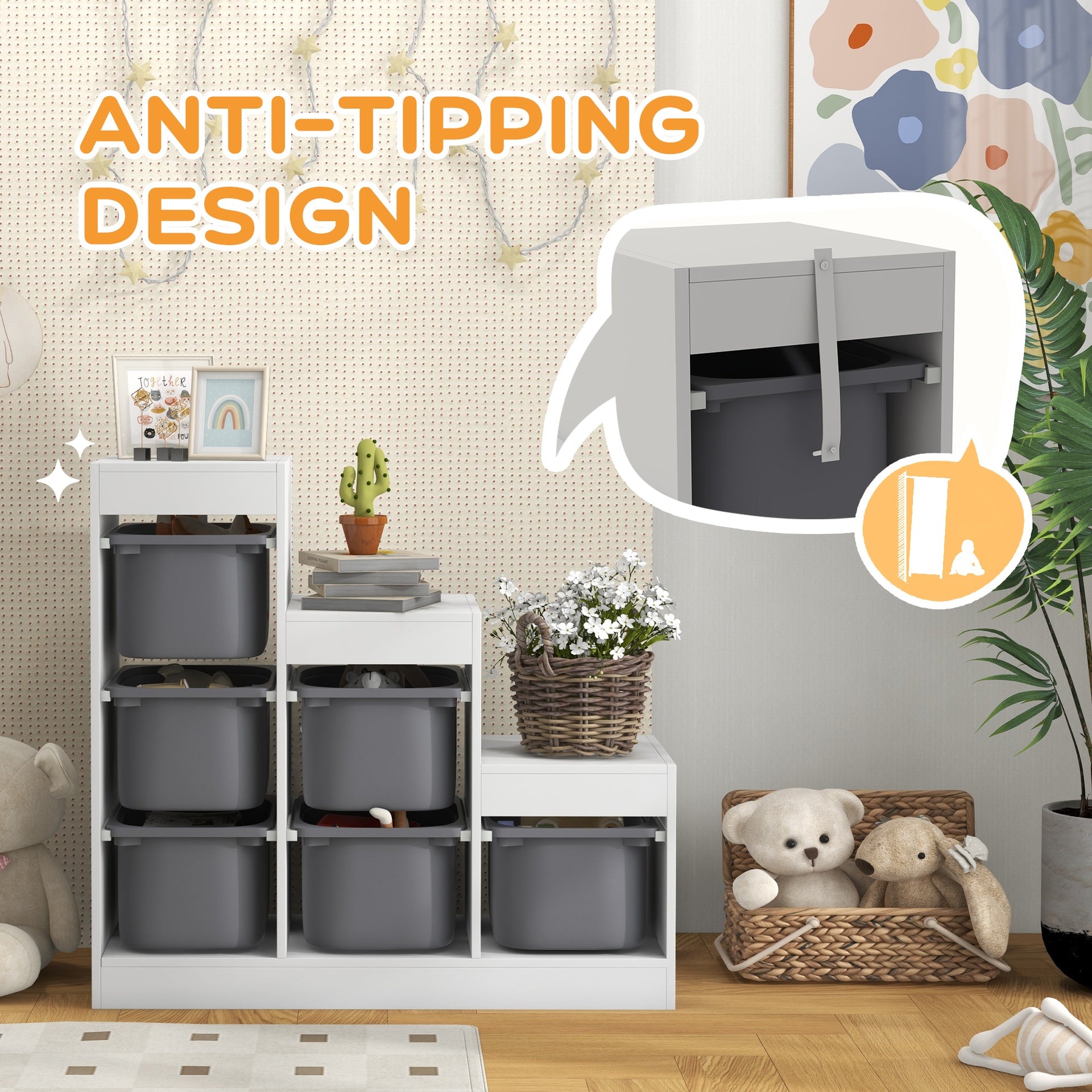 Qaba 3 Layers Kids Toy Storage Organizer with 6 Storage Bins, Kids Bookshelf for Ages 3-8 Years, Play Room, Bedroom, Gray