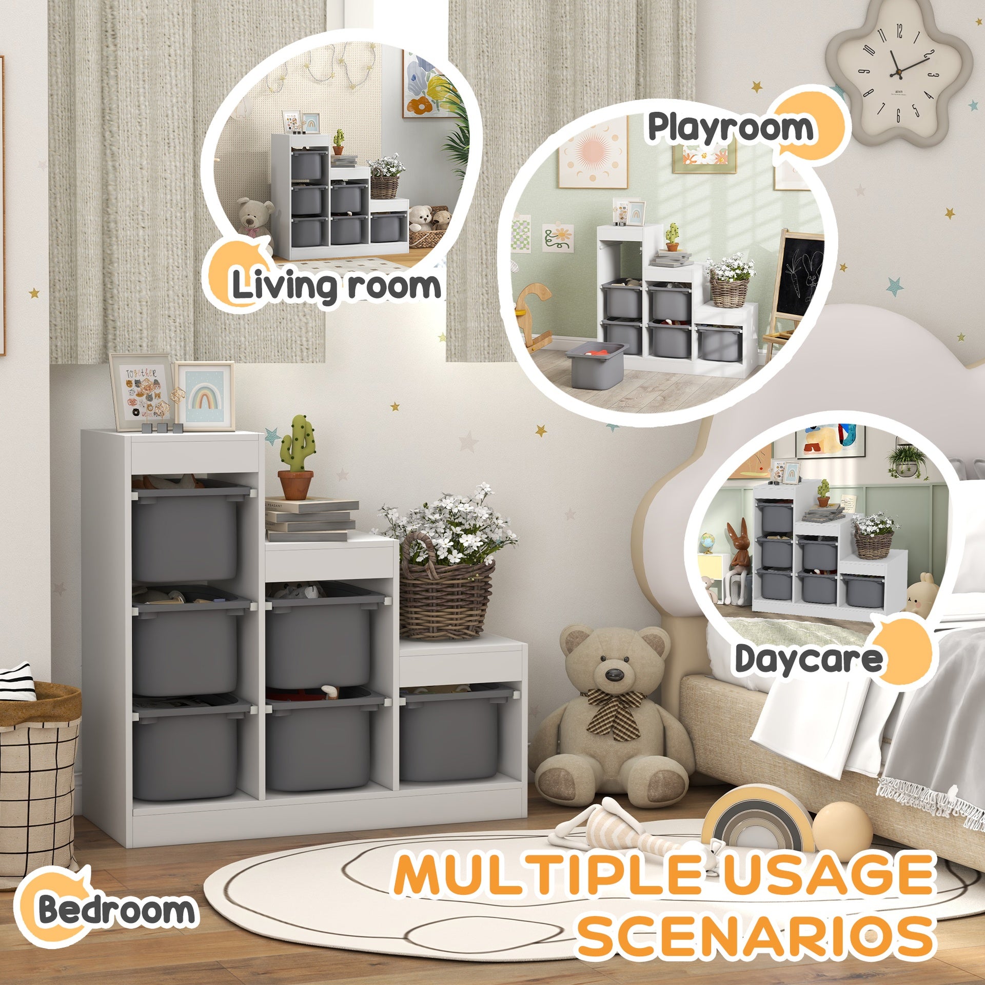 Qaba 3 Layers Kids Toy Storage Organizer with 6 Storage Bins, Kids Bookshelf for Ages 3-8 Years, Play Room, Bedroom, Gray