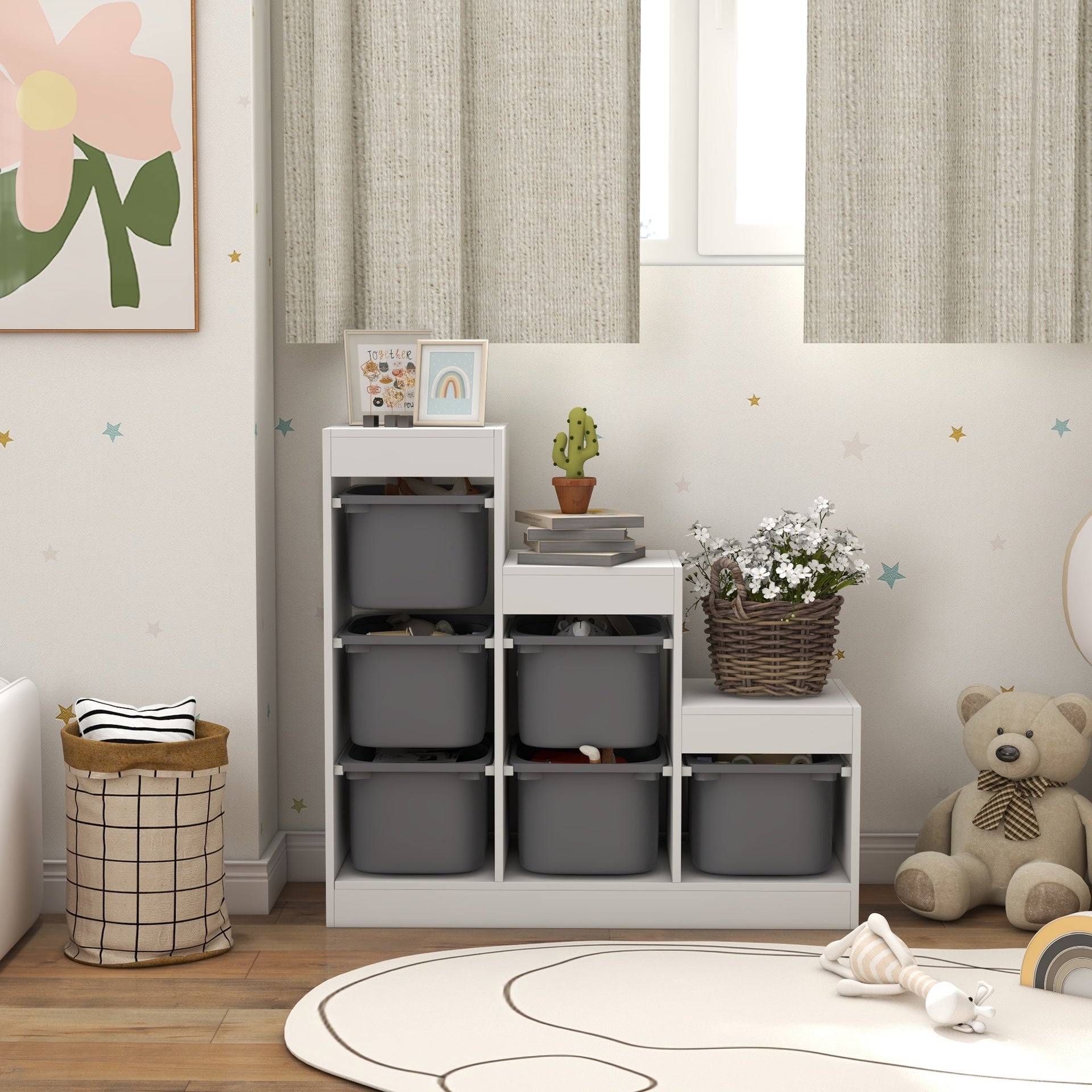 Qaba 3 Layers Kids Toy Storage Organizer with 6 Storage Bins, Kids Bookshelf for Ages 3-8 Years, Play Room, Bedroom, Gray
