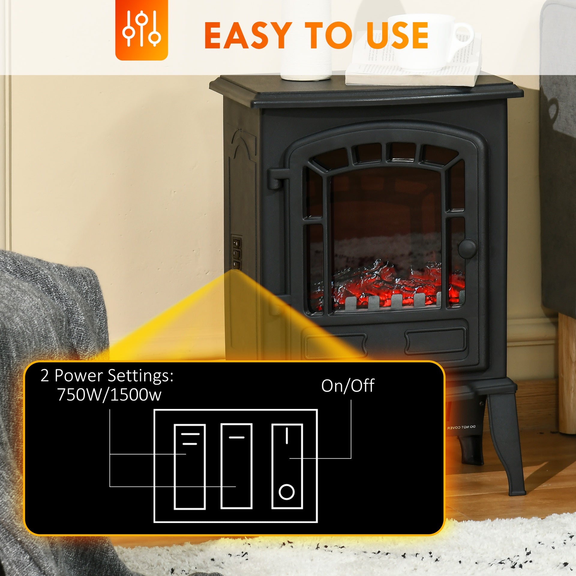 HOMCOM Electric Fireplace Heater, Freestanding Fireplace Stove with Realistic Flame Effect Overheat Protection 750W/1500W Black