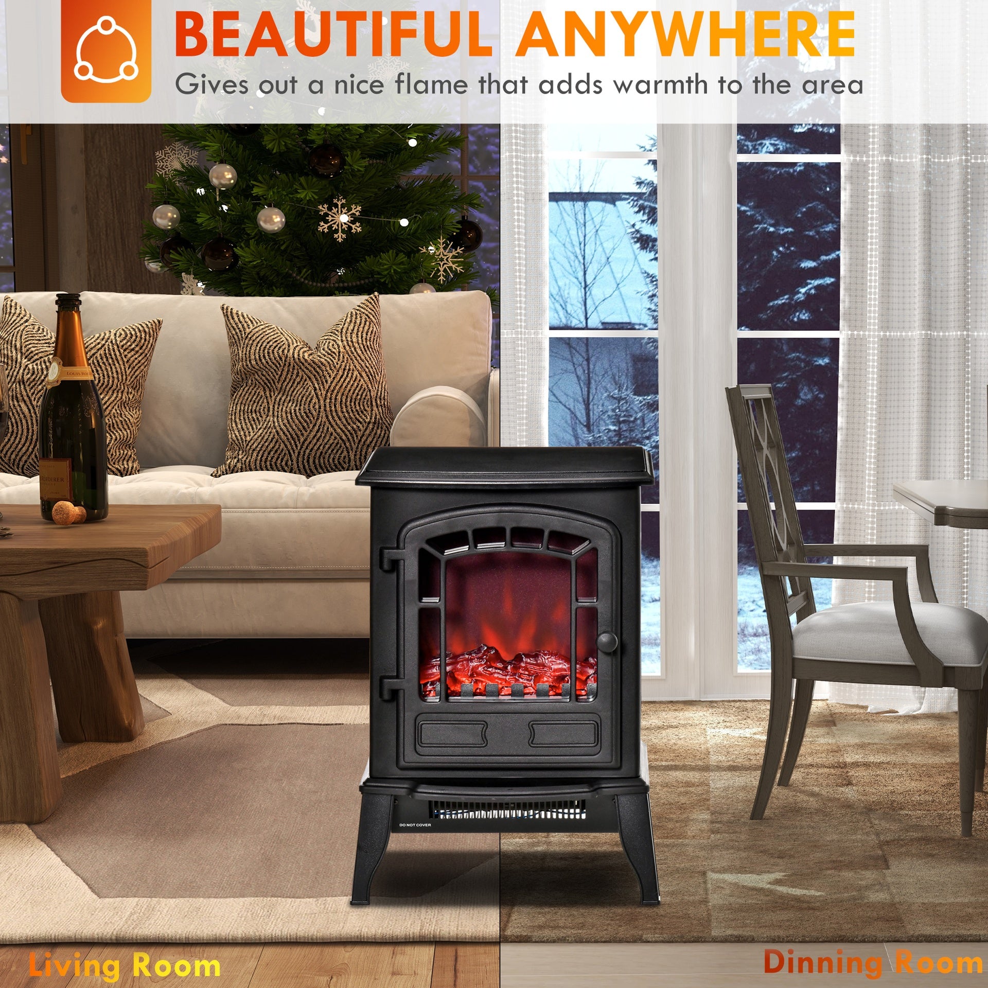 HOMCOM Electric Fireplace Heater, Freestanding Fireplace Stove with Realistic Flame Effect Overheat Protection 750W/1500W Black