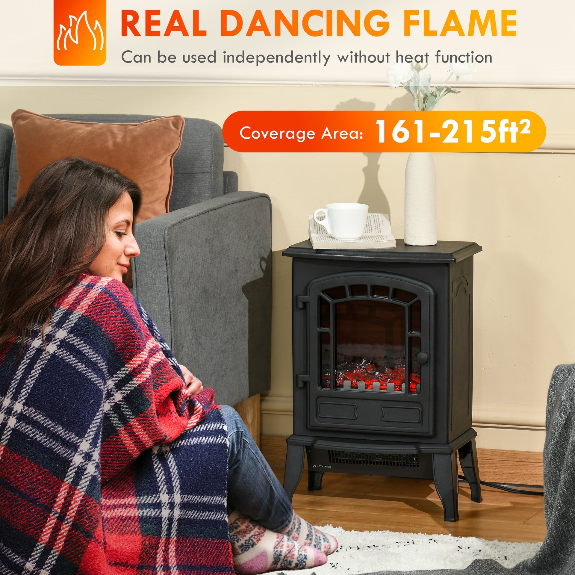 HOMCOM Electric Fireplace Heater, Freestanding Fireplace Stove with Realistic Flame Effect Overheat Protection 750W/1500W Black