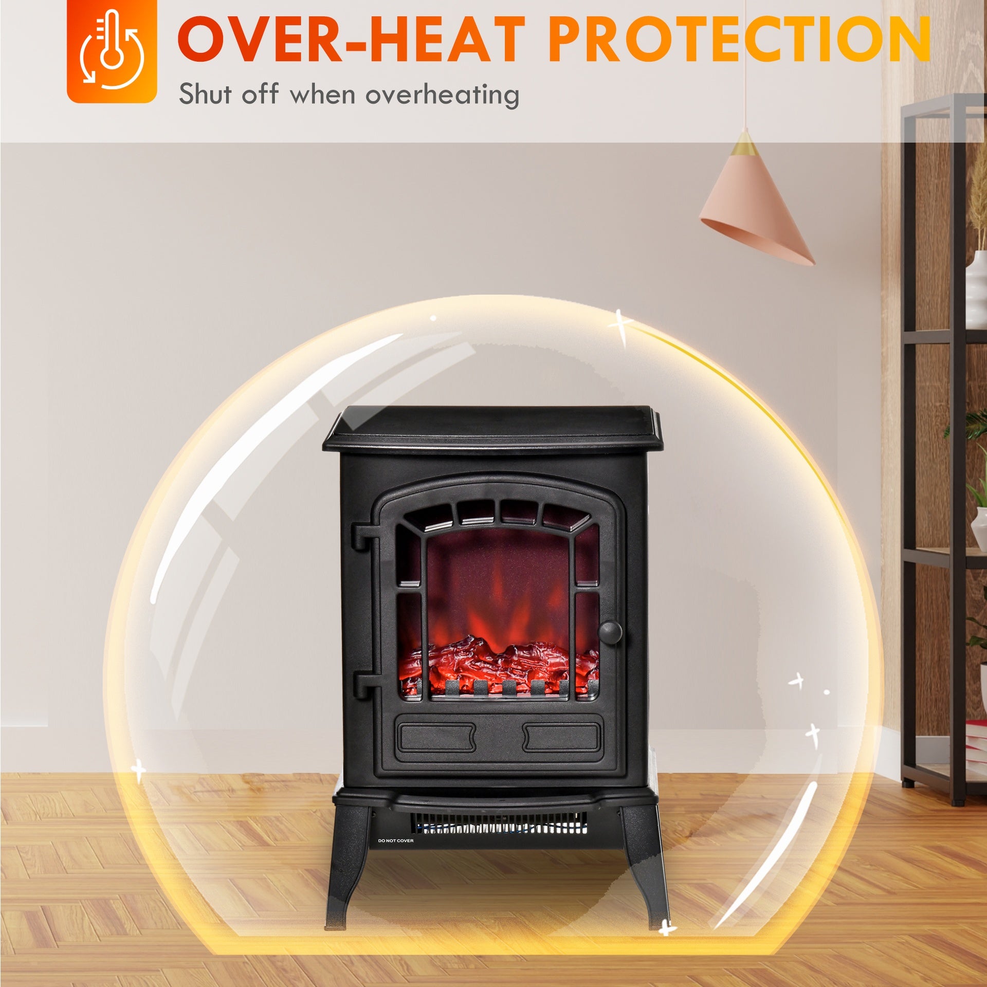 HOMCOM Electric Fireplace Heater, Freestanding Fireplace Stove with Realistic Flame Effect Overheat Protection 750W/1500W Black