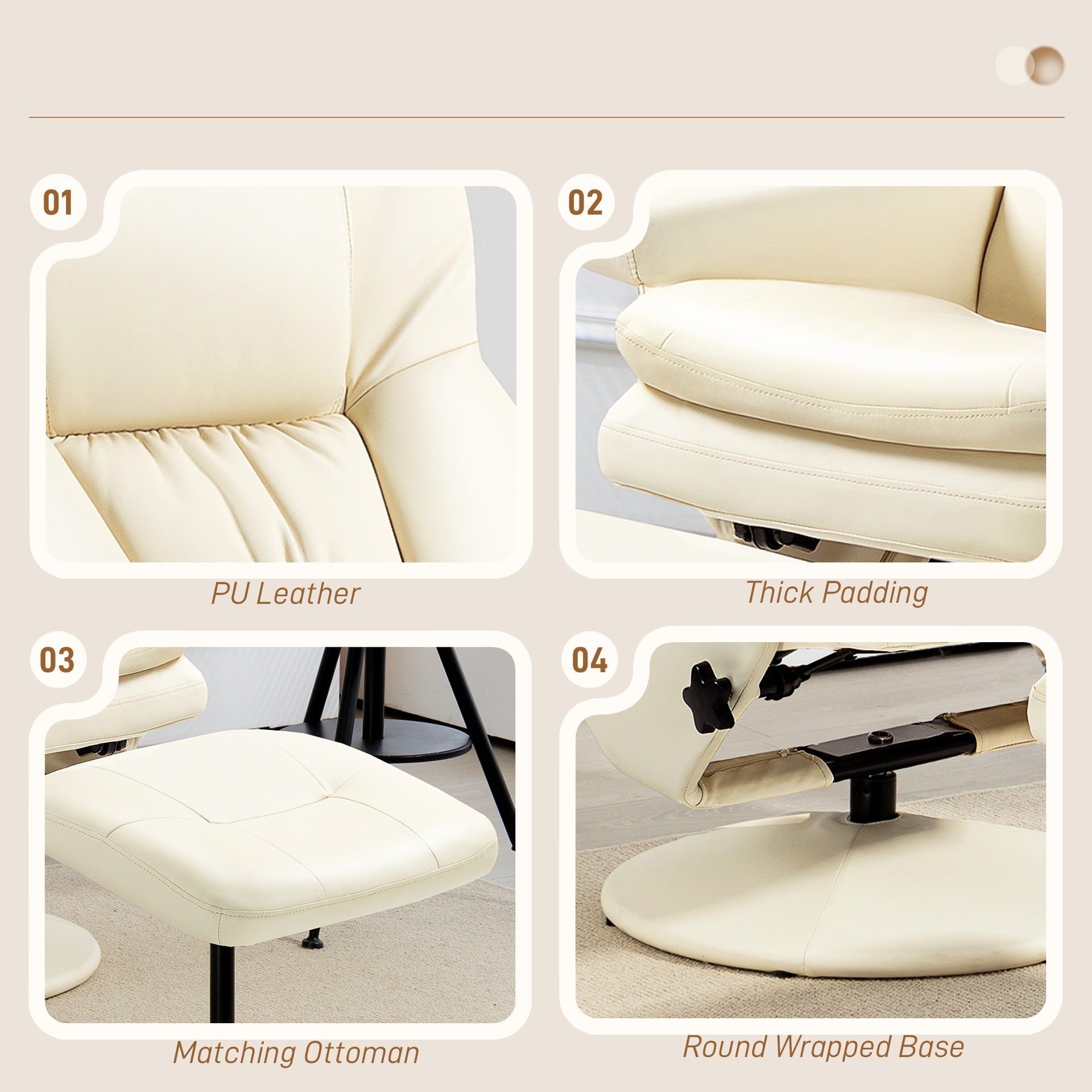 HOMCOM PU Leather Recliner Chair with Ottoman, Swivel Recliner and Ottoman with Round Wrapped Base for Living Room, Cream White