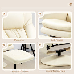 HOMCOM PU Leather Recliner Chair with Ottoman, Swivel Recliner and Ottoman with Round Wrapped Base for Living Room, Cream White