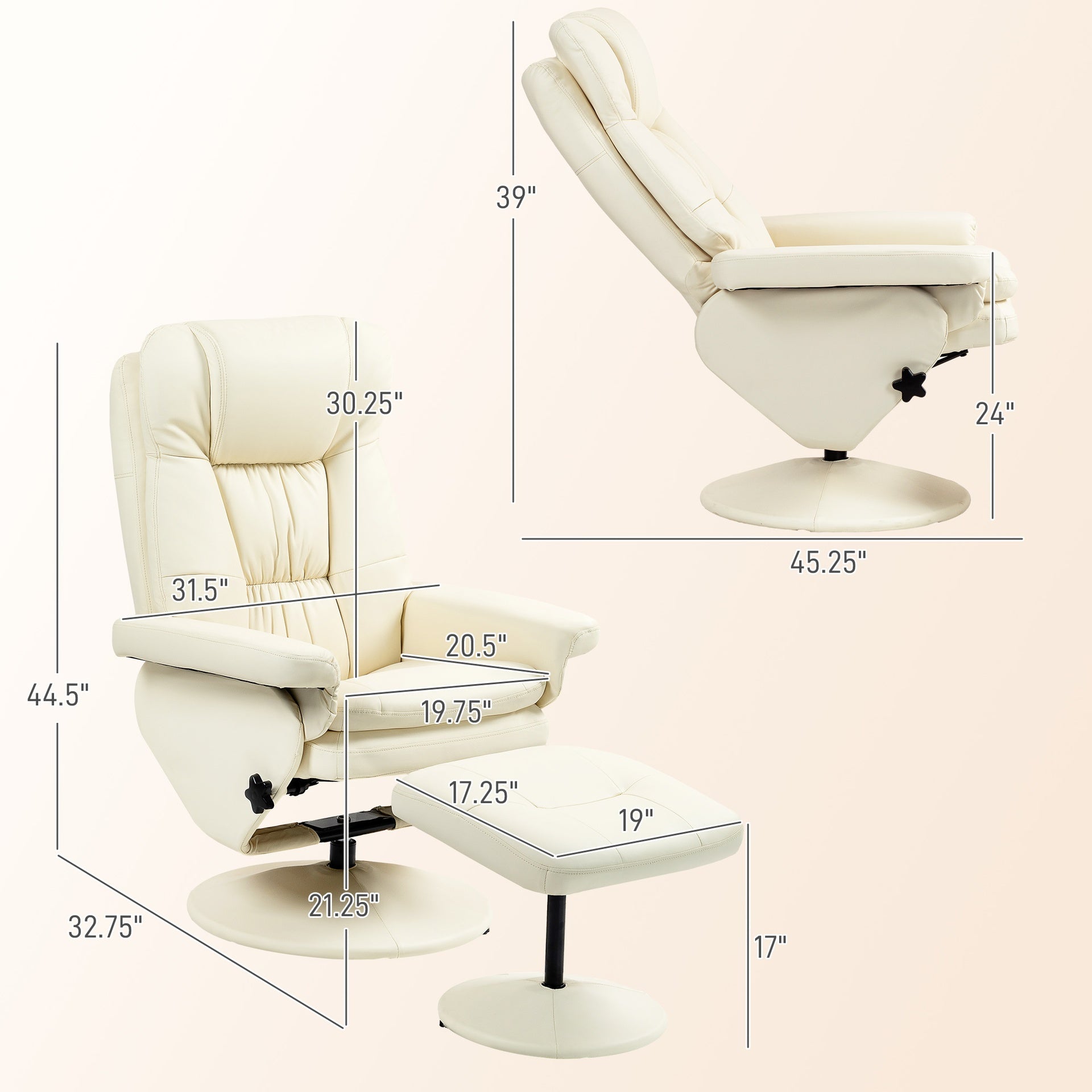 HOMCOM PU Leather Recliner Chair with Ottoman, Swivel Recliner and Ottoman with Round Wrapped Base for Living Room, Cream White