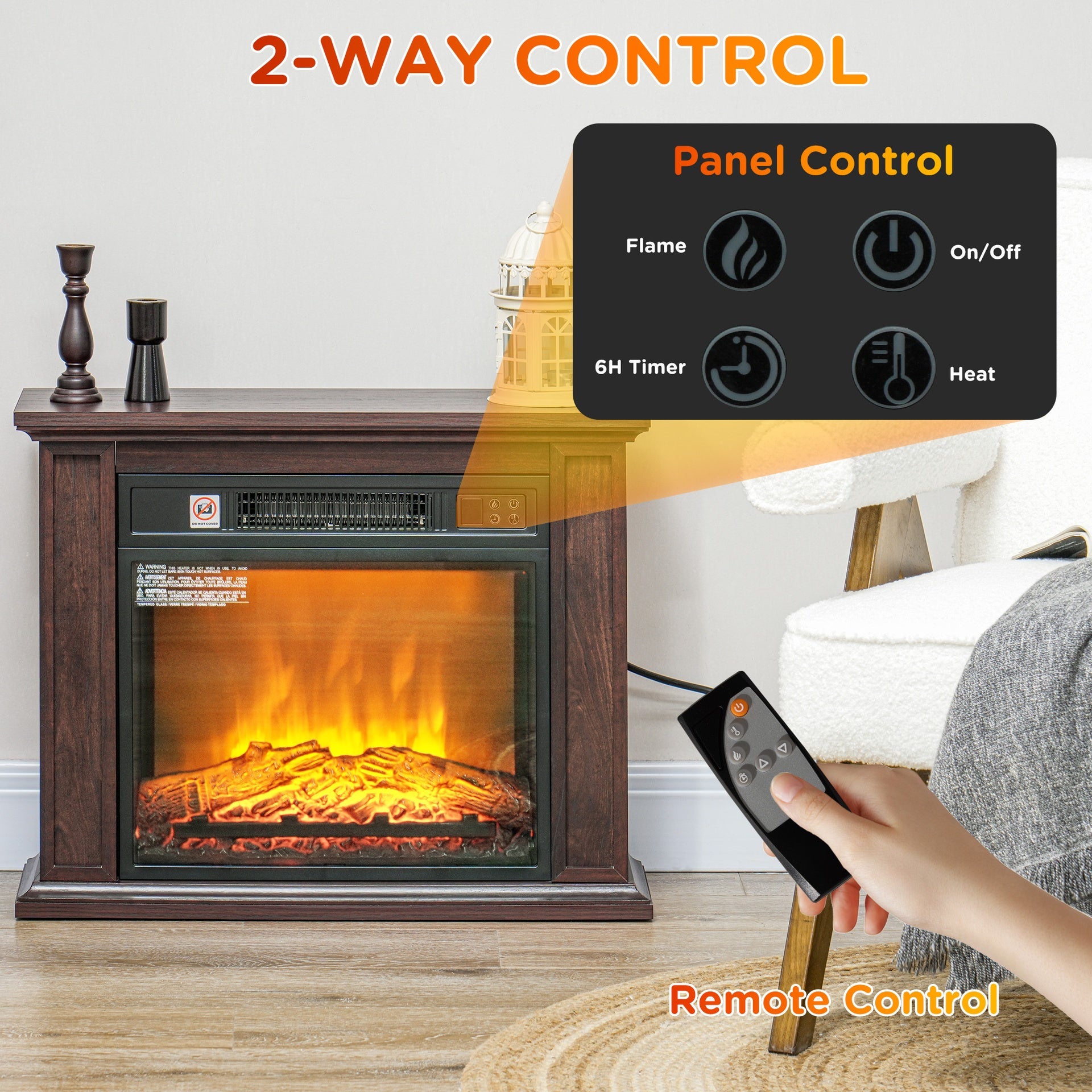 HOMCOM 26" Freestanding Electric Fireplace with Mantel, 1400W Replaceable Fireplace Insert Heater with 3D Flame Effect, Brown