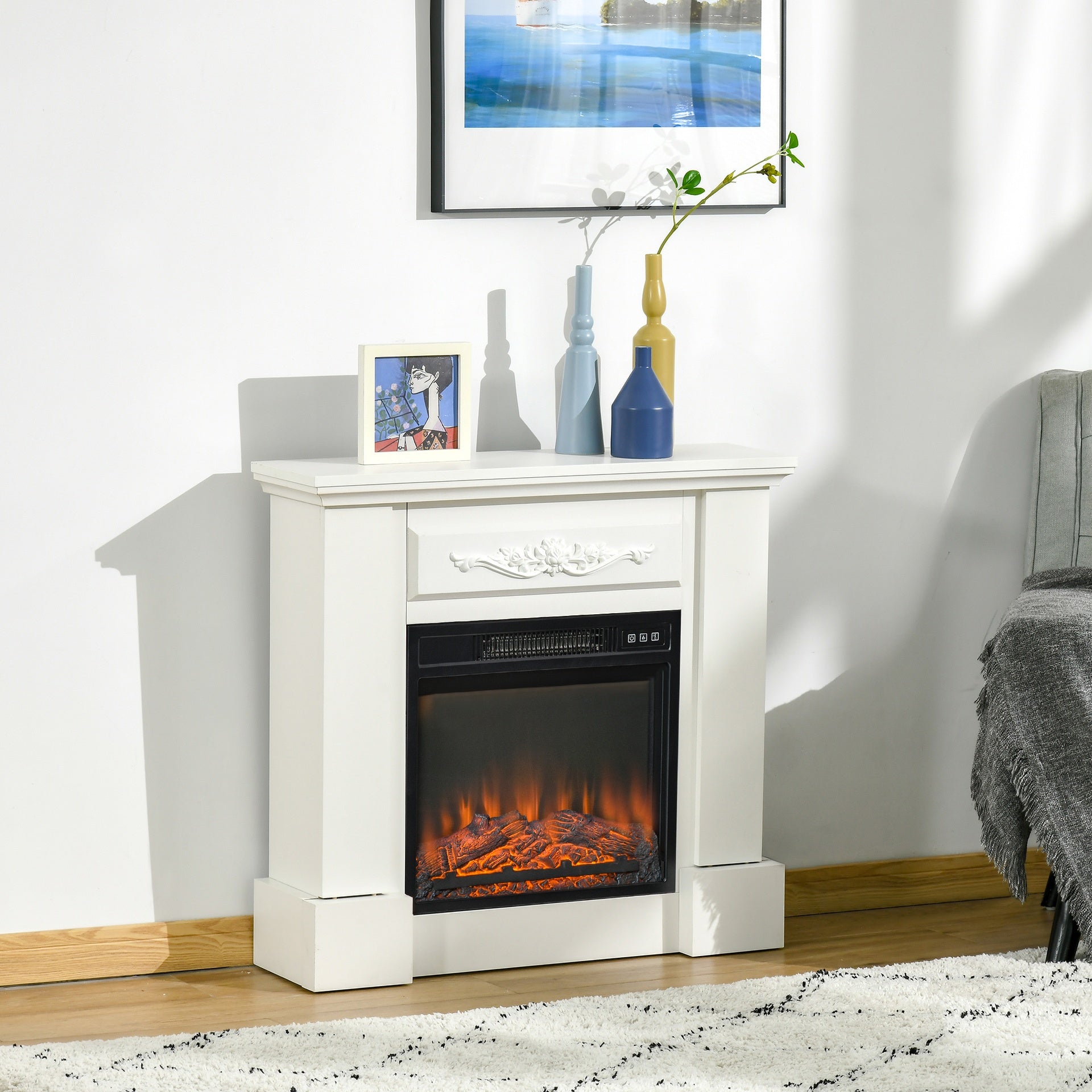 HOMCOM 32" Electric Fireplace with Mantel, Freestanding Heater with LED Log Flame, Overheat Protection and Remote Control, 1400W, White