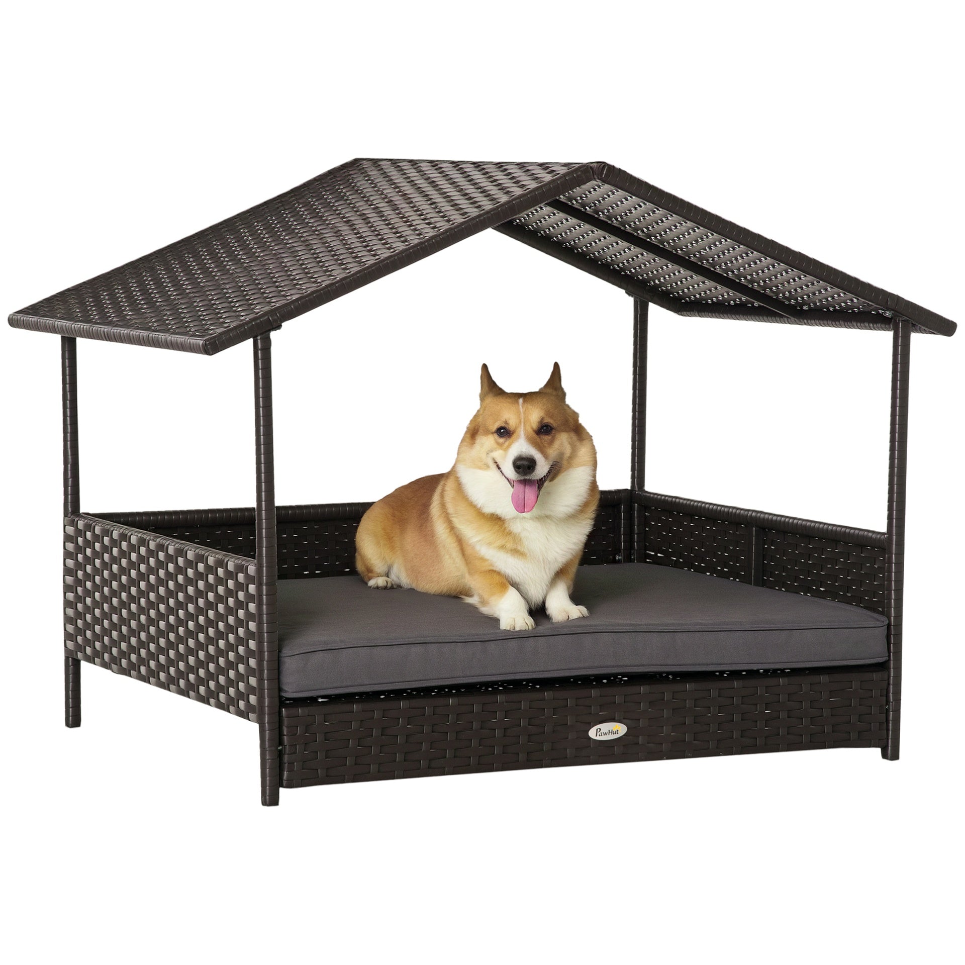 PawHut Wicker Dog House Outdoor with Canopy, Rattan Dog Bed with Water-resistant Cushion, Raised Pet Bed for Small, Medium Breeds up to 66 lbs, 20" in Length, Brown Wicker, Gray Cushion