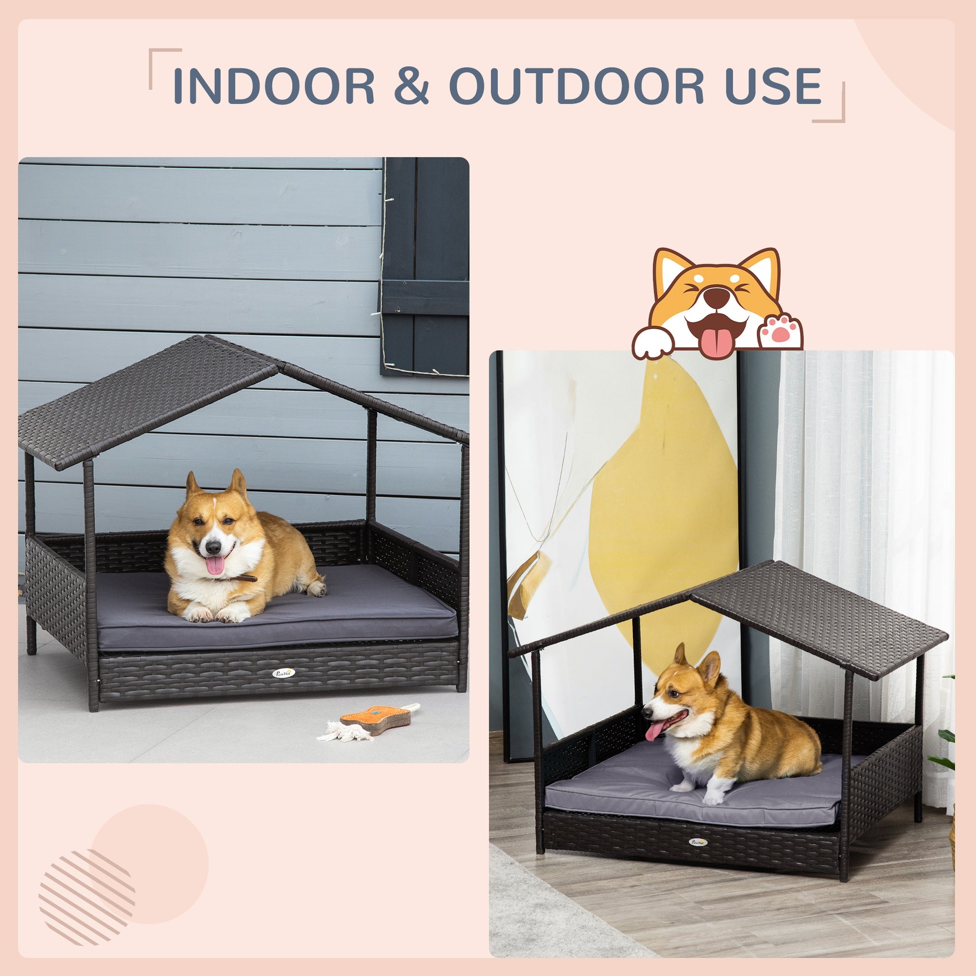 PawHut Wicker Dog House Outdoor with Canopy, Rattan Dog Bed with Water-resistant Cushion, Raised Pet Bed for Small, Medium Breeds up to 66 lbs, 20" in Length, Brown Wicker, Gray Cushion